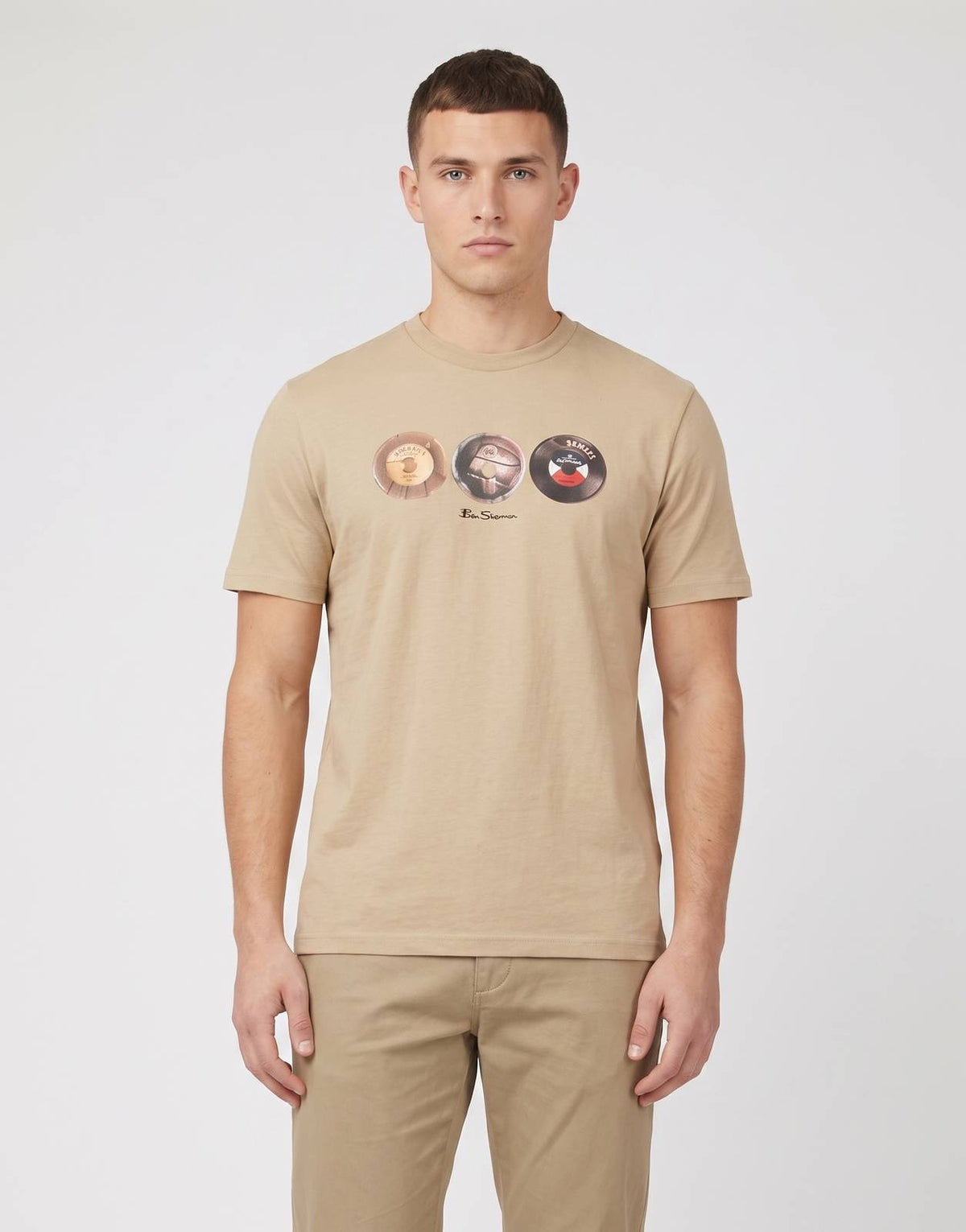 Ben Sherman 3 Ball 260G Cornstalk T-Shirt for men, featuring a unique graphic print with three record-like designs, modeled
