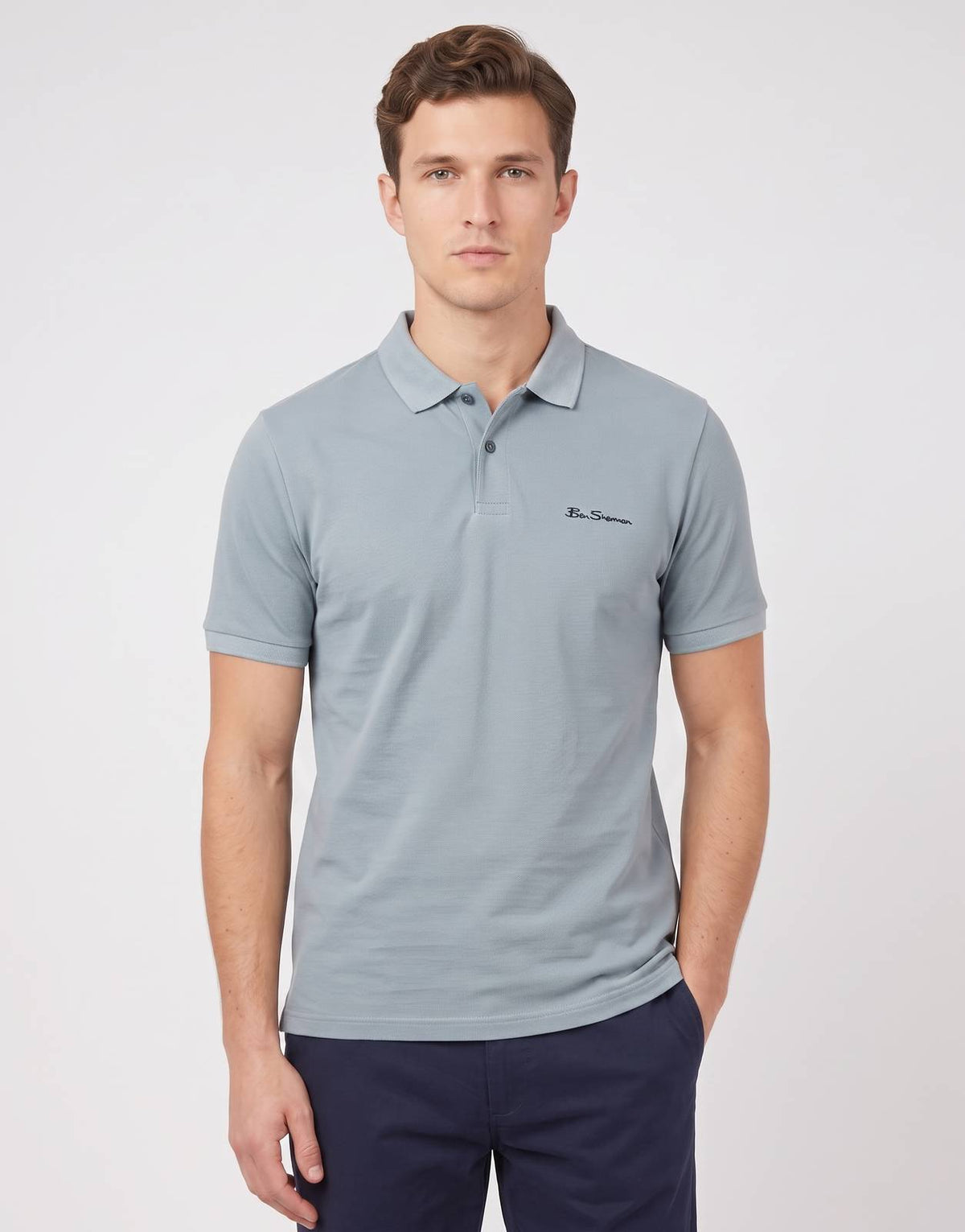 Men's Ben Sherman Ben Polo shirt in misty grey with a classic collar and short sleeves, shown on a model.