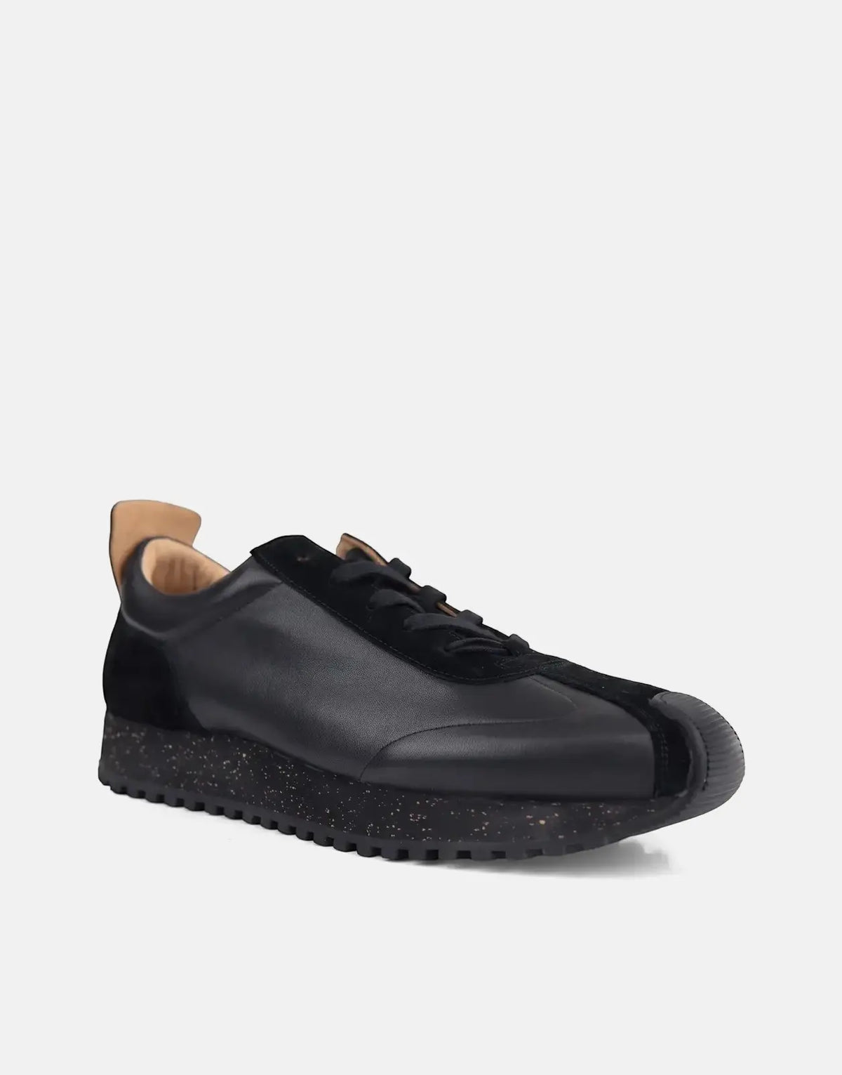 Ben Sherman Henry men's black leather and suede lace-up sneaker with speckled sole and tan heel tab, side view.