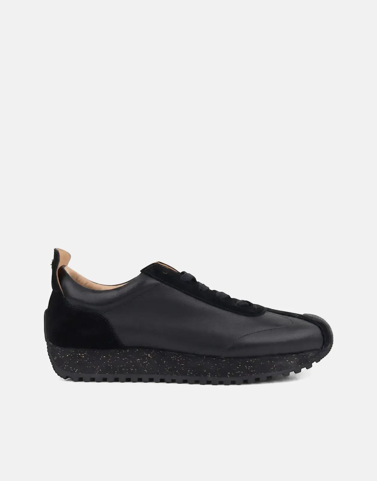Ben Sherman Henry men's black leather and suede lace-up sneaker, shown in a side profile, featuring a speckled platform sole