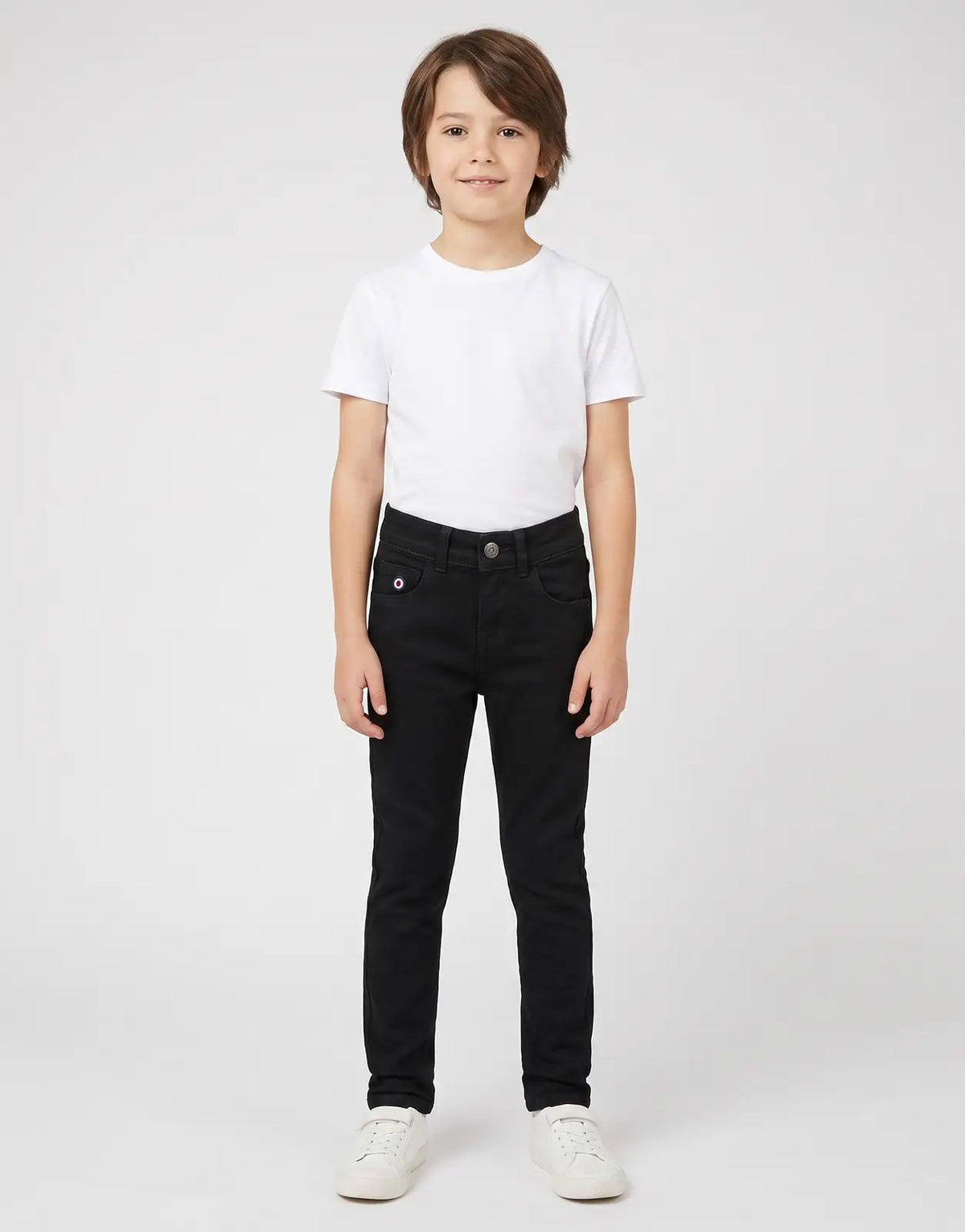 Ben Sherman Kids Black Denim Jeans, front view, featuring a slim fit design and a small circular logo on the coin pocket.