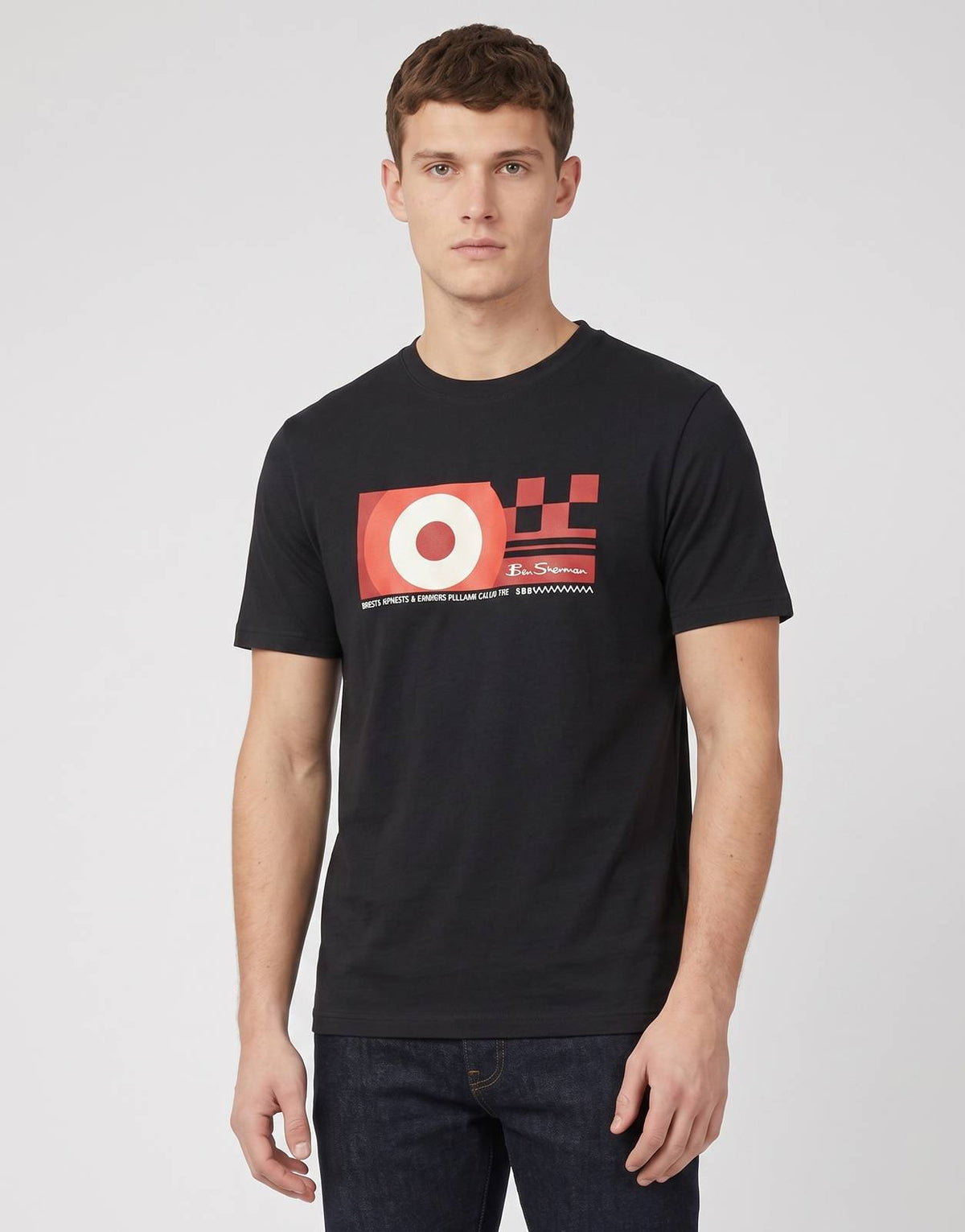 Ben Sherman Knockout Black T-Shirt featuring a red and white target and checkered graphic print, shown on a male model.