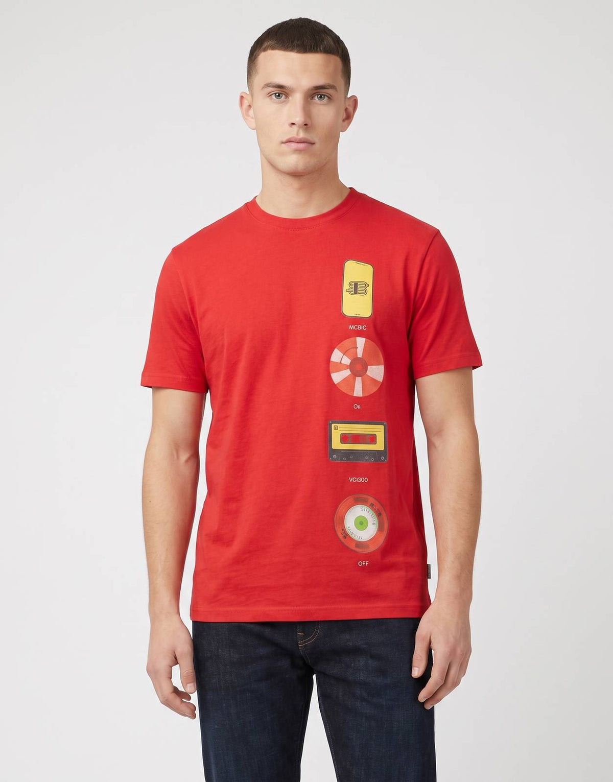Front view of a Ben Sherman Music Innovation red t-shirt, featuring a retro graphic print with a cassette, vinyl record, and