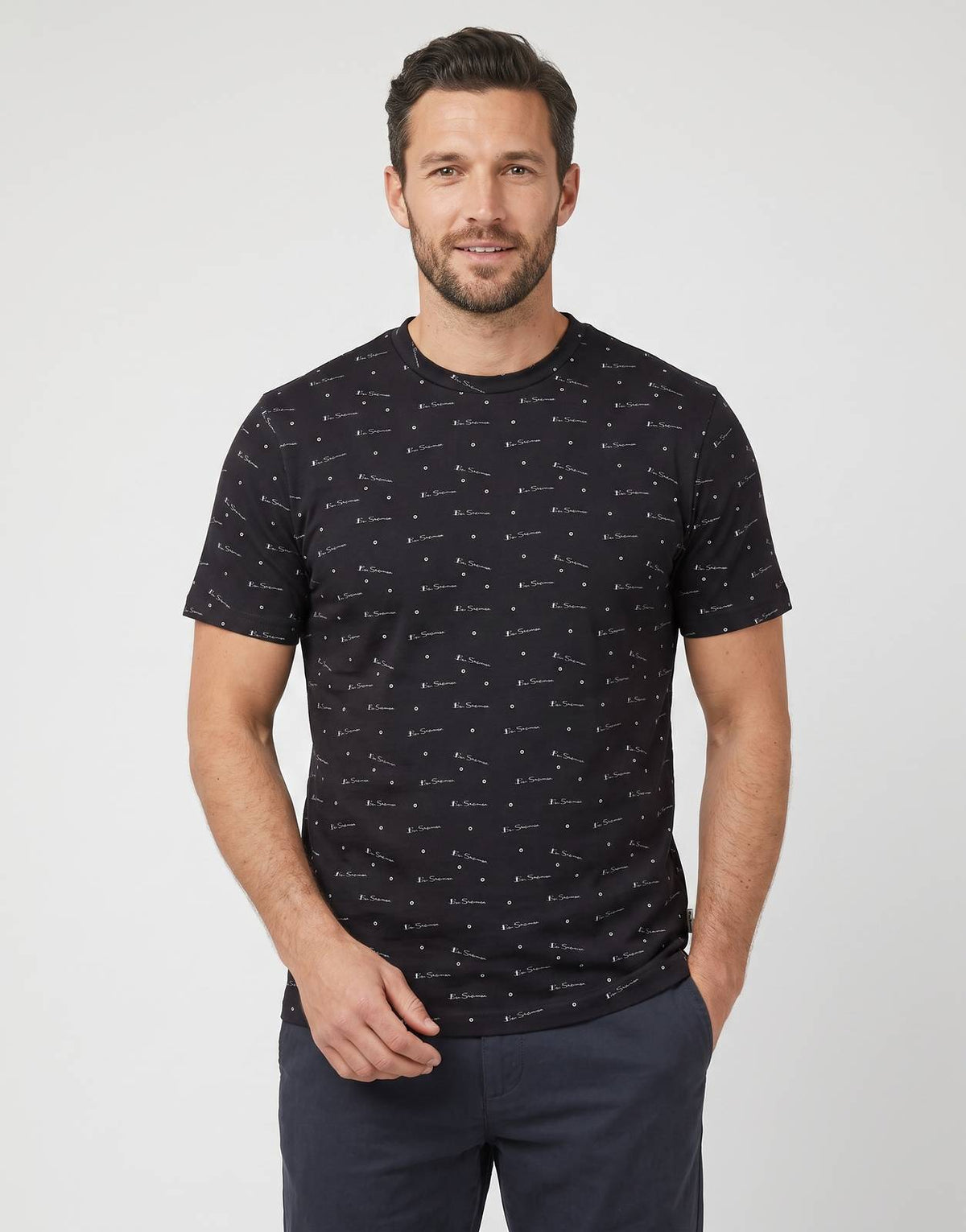 Ben Sherman Tar Aop Black T-Shirt featuring an all-over white print of the brand's logo, designed with short sleeves and a