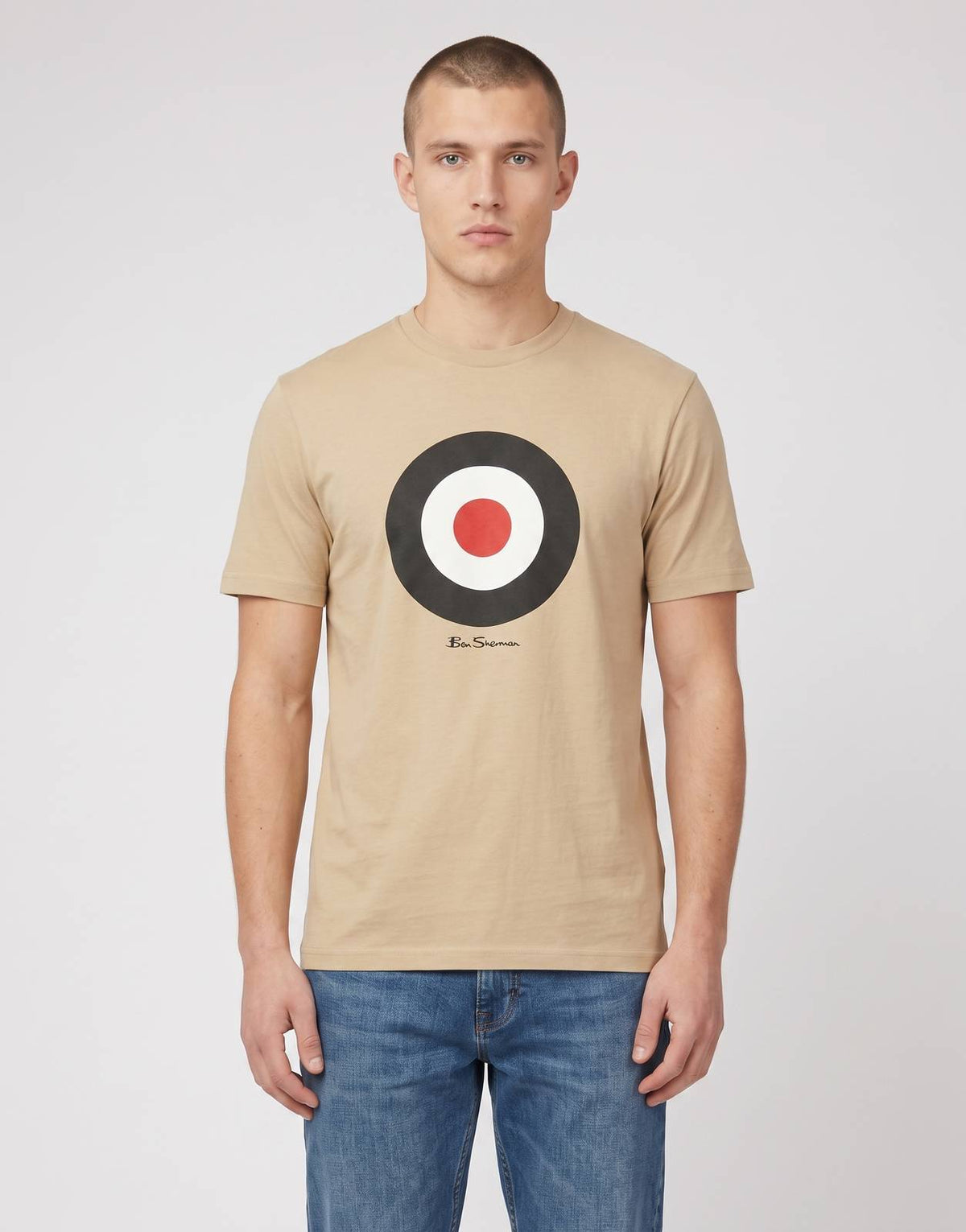 Men's Ben Sherman Target Cornstalk T-Shirt, a beige short-sleeve tee with a bold black, white, and red target logo.