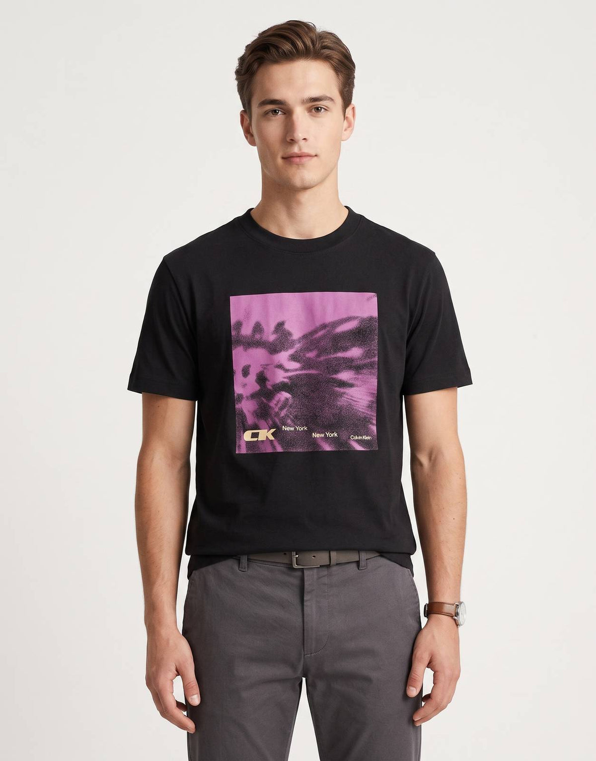 Calvin Klein 20s 5AM Floral ABST Graphic T-Shirt in black, with a purple abstract print and branding, front view.