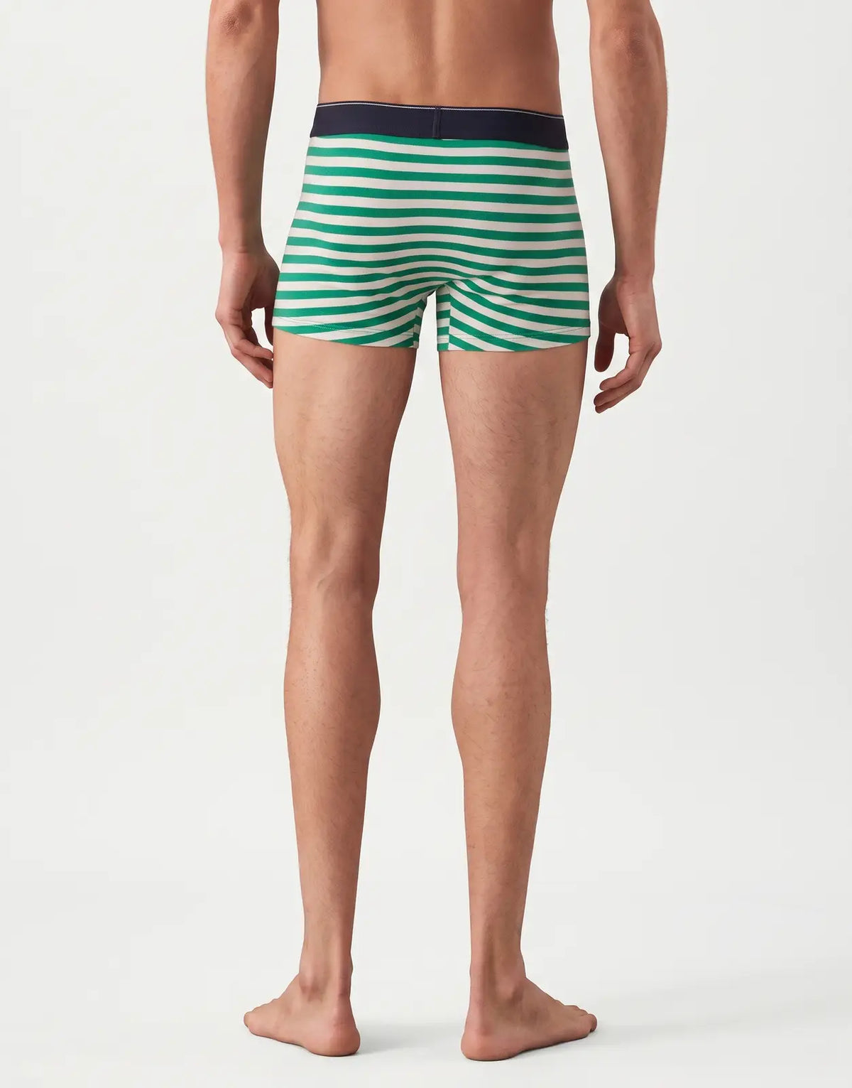 Back view of Calvin Klein 3 Pack Blue Multi Trunks on a man. The trunks feature distinct green and white horizontal stripes