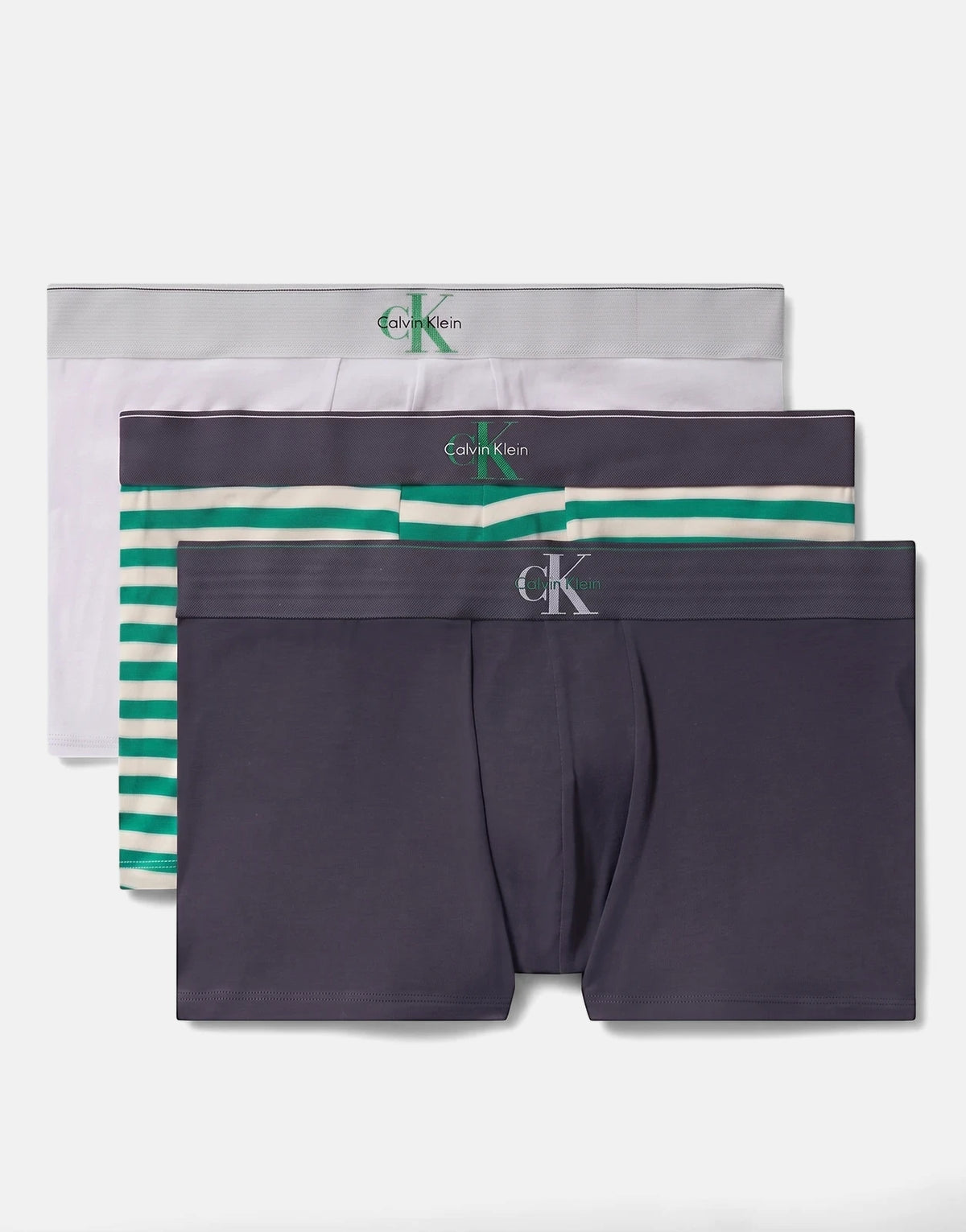 Calvin Klein men's 3-pack blue multi trunks, including white, striped, and solid navy designs, stacked for display.