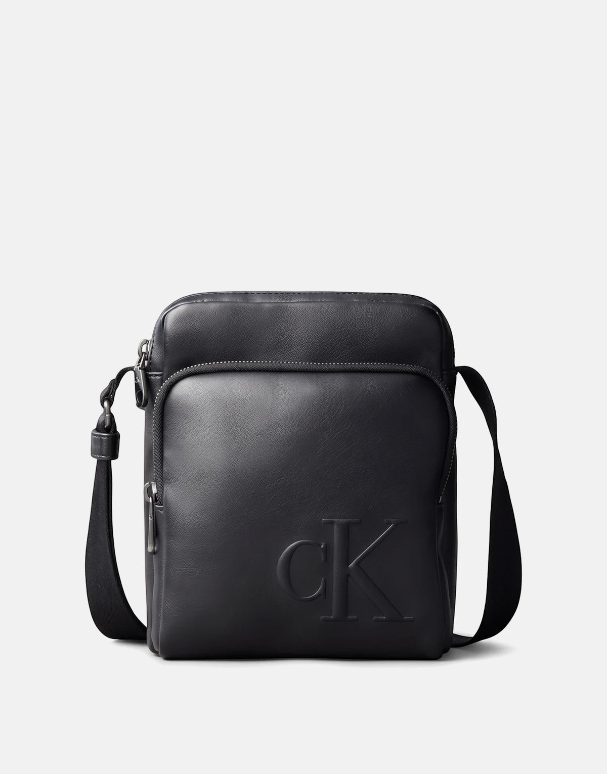 Calvin Klein Bold CK Pocket Reporter black leather messenger bag with an embossed logo, front view.