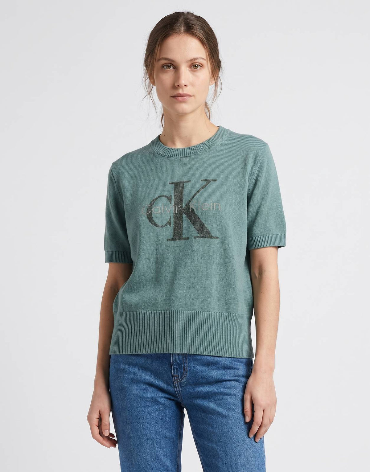 Calvin Klein Chunky Graphic Knit green short sleeve sweater for women with round neck.