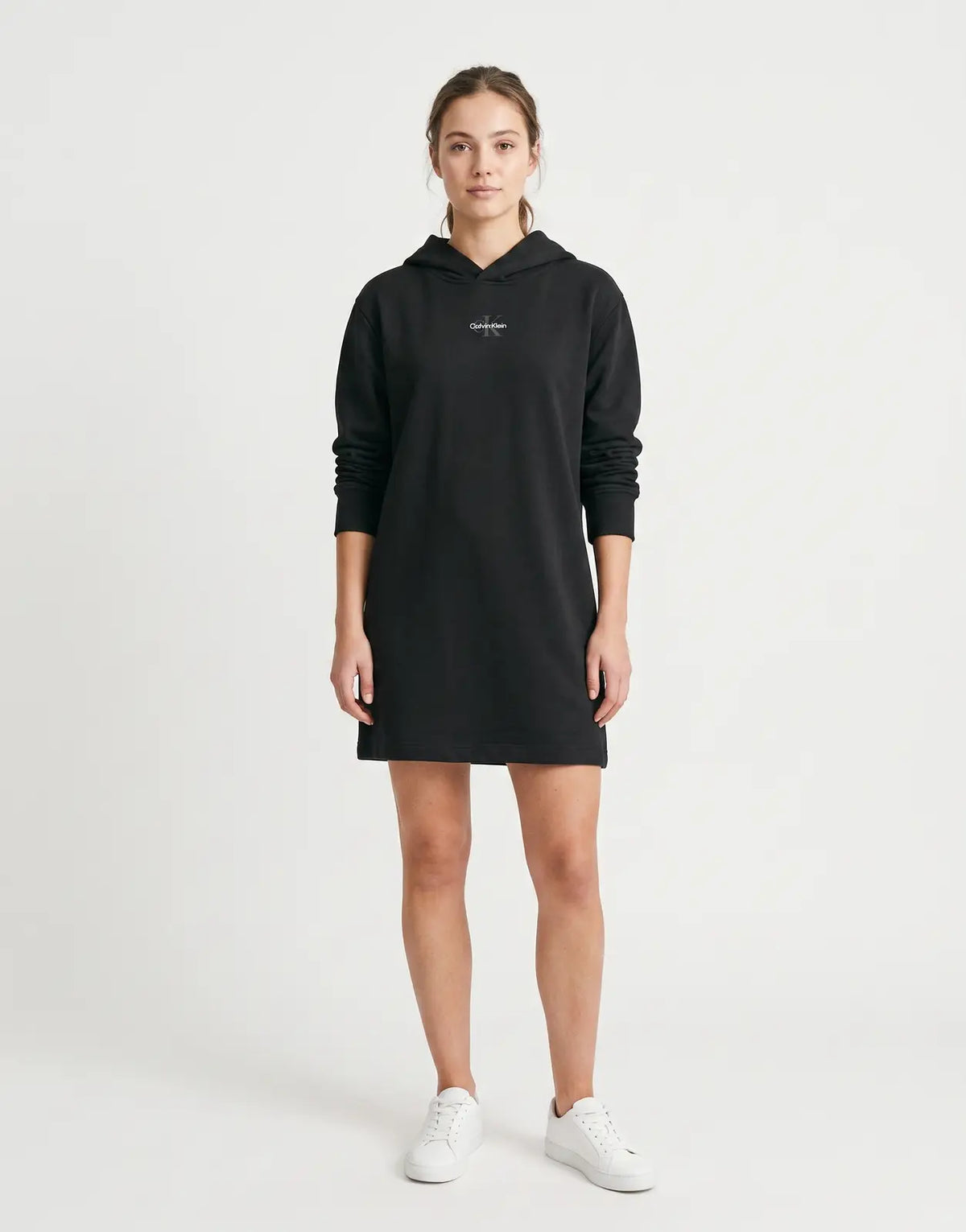Black Calvin Klein ML Hoodie Dress made from comfortable, soft fabric, displayed as a front view garment.