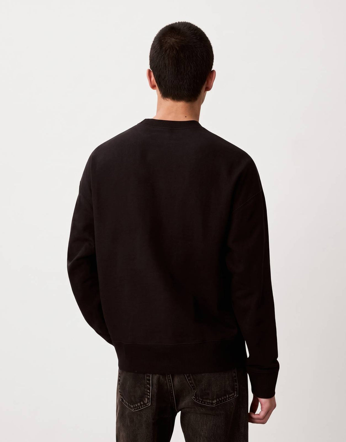 Back view of a Calvin Klein Premium Tri-Color Monologo Black Sweatshirt for men, featuring long sleeves and a crew neck.