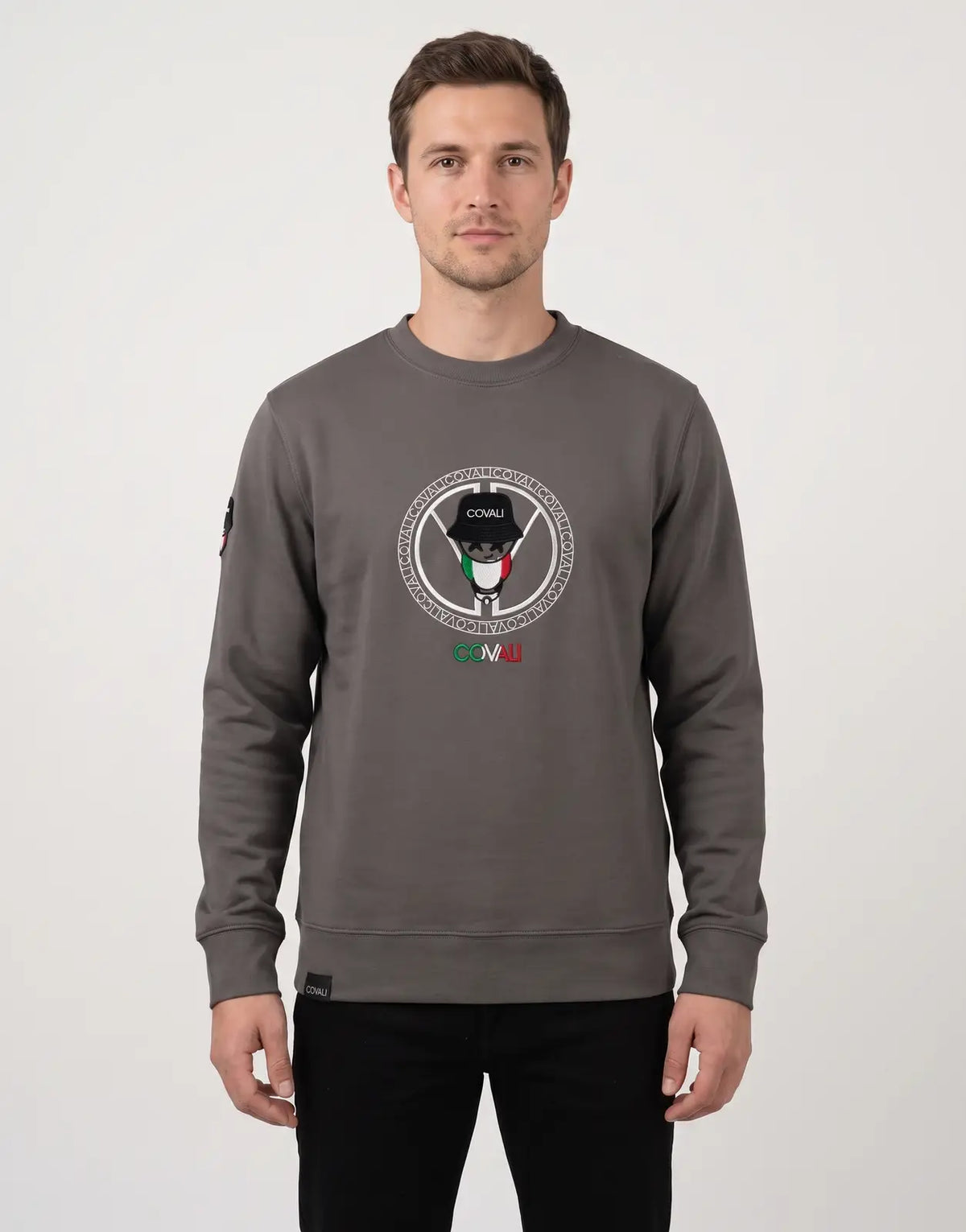 Covali Italiano-S Sweatshirt for men in dark grey, featuring a crewneck and long sleeves, with an Italian flag-themed logo