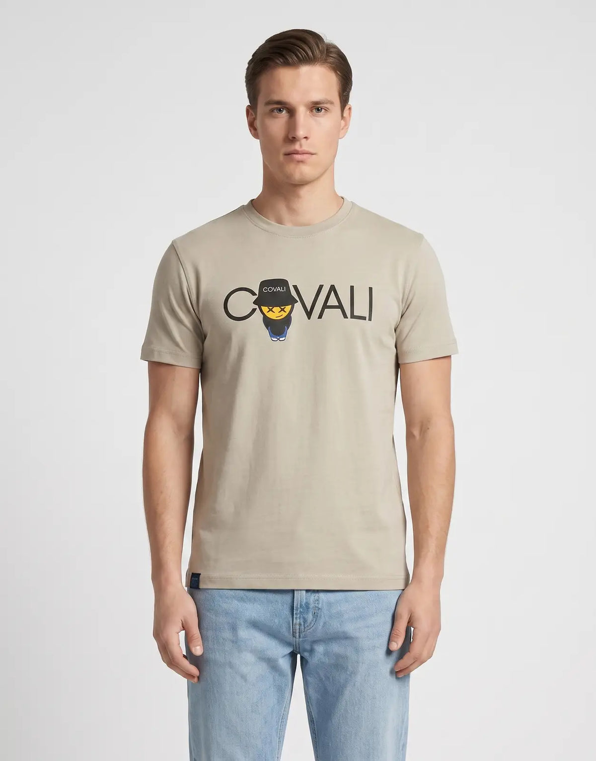 Men's Covali Tipo A Moss T-shirt in beige, featuring short sleeves, a crew neck, and a graphic logo print.