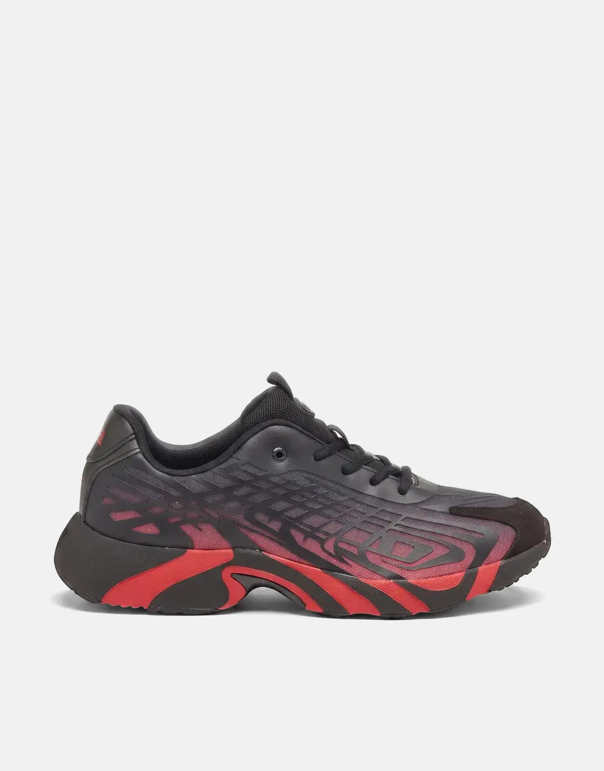 Diesel S-D-Vit's 500 Low Sneakers in black and red with a unique geometric patterned upper and a chunky sole, shown from the