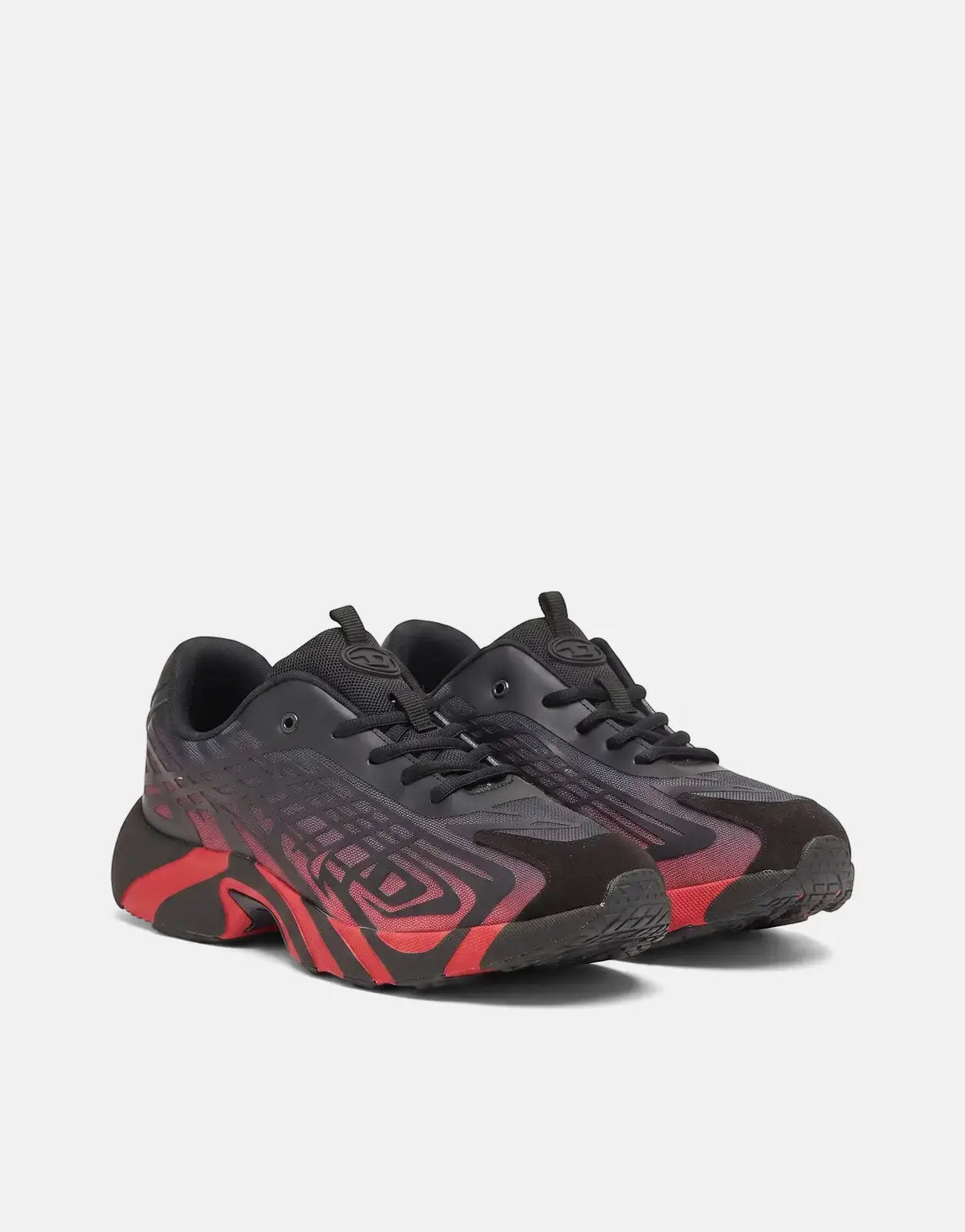 Diesel S-D-Vit's 500 Low Sneakers HB097 in black and red with an intricate patterned upper, side view.