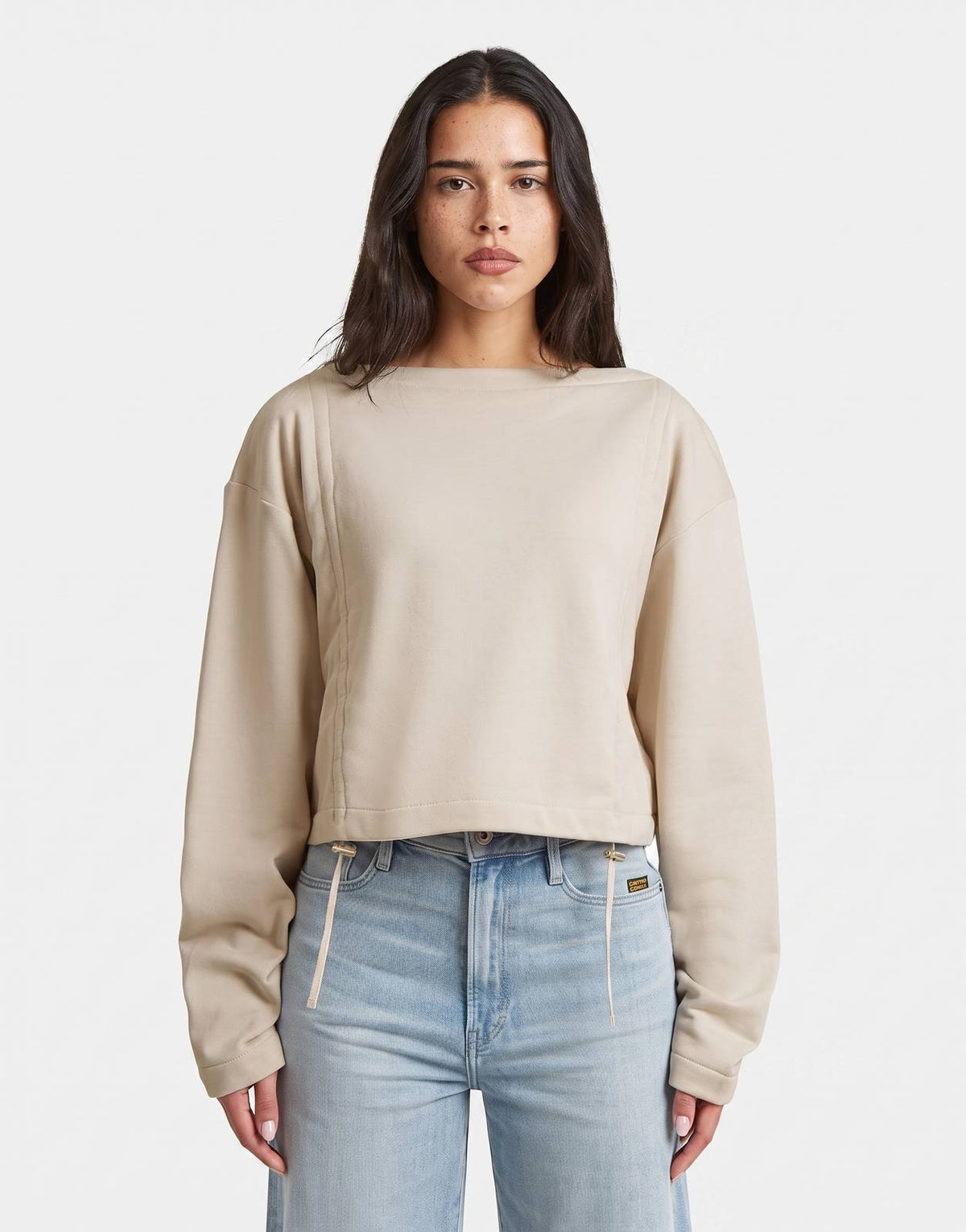 G-Star RAW Adjustable Strings Whitebait Sweatshirt for women in beige, featuring a boat neck and a cropped fit with