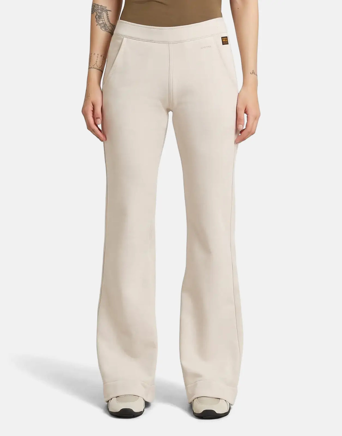 G-Star RAW Flared Whitebait Sweatpants on a model, front view, showcasing the relaxed fit and soft fabric.