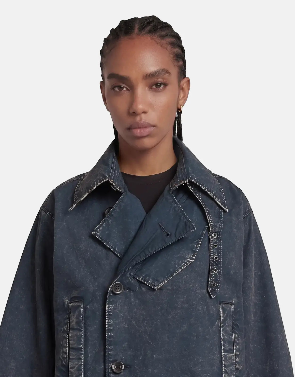 G-Star RAW Oversized Short Trench Coat in Overdye Salute, worn by a woman in a front view studio shot.