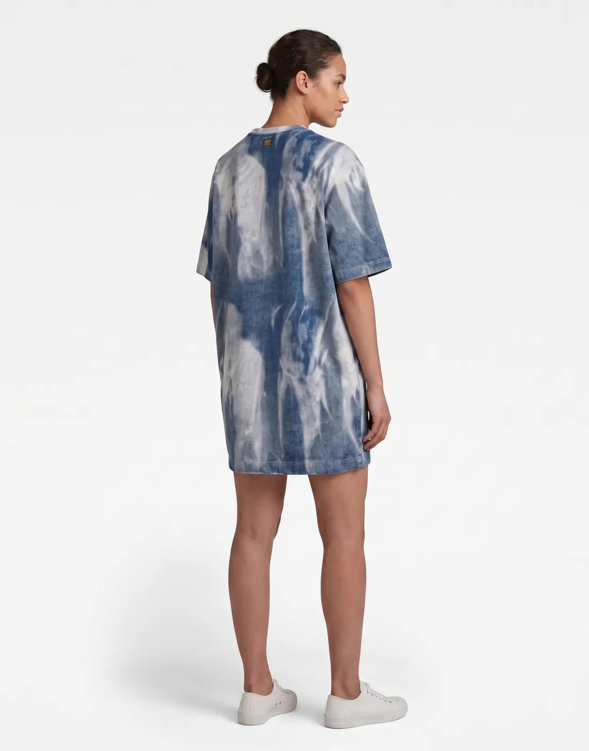 G-Star RAW Printed Loose Denim Flame Dress for women, featuring a blue and white tie-dye pattern, shown from the back.