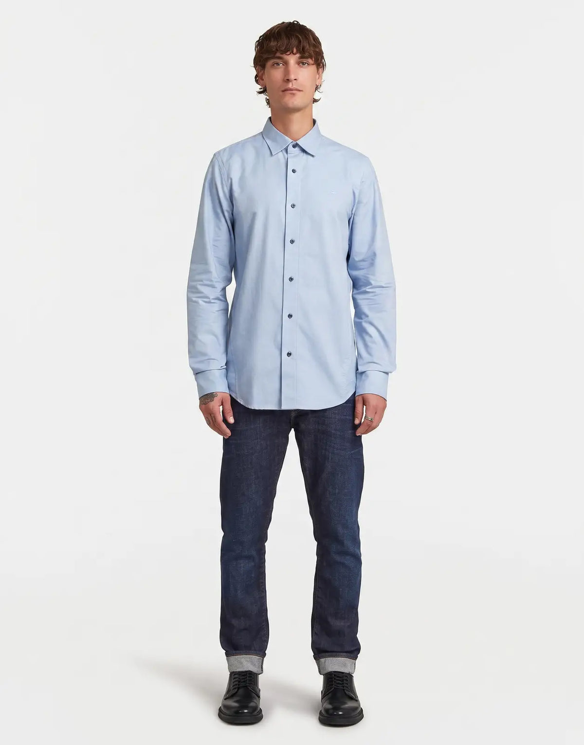 G-Star RAW Uniform Deep Wave Slim Shirt for men in light blue, long-sleeve with dark buttons, front view.