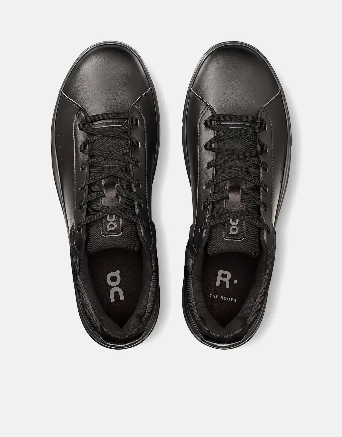On Men's Roger Advantage black leather sneakers, viewed from directly above. These low-top shoes feature black laces and