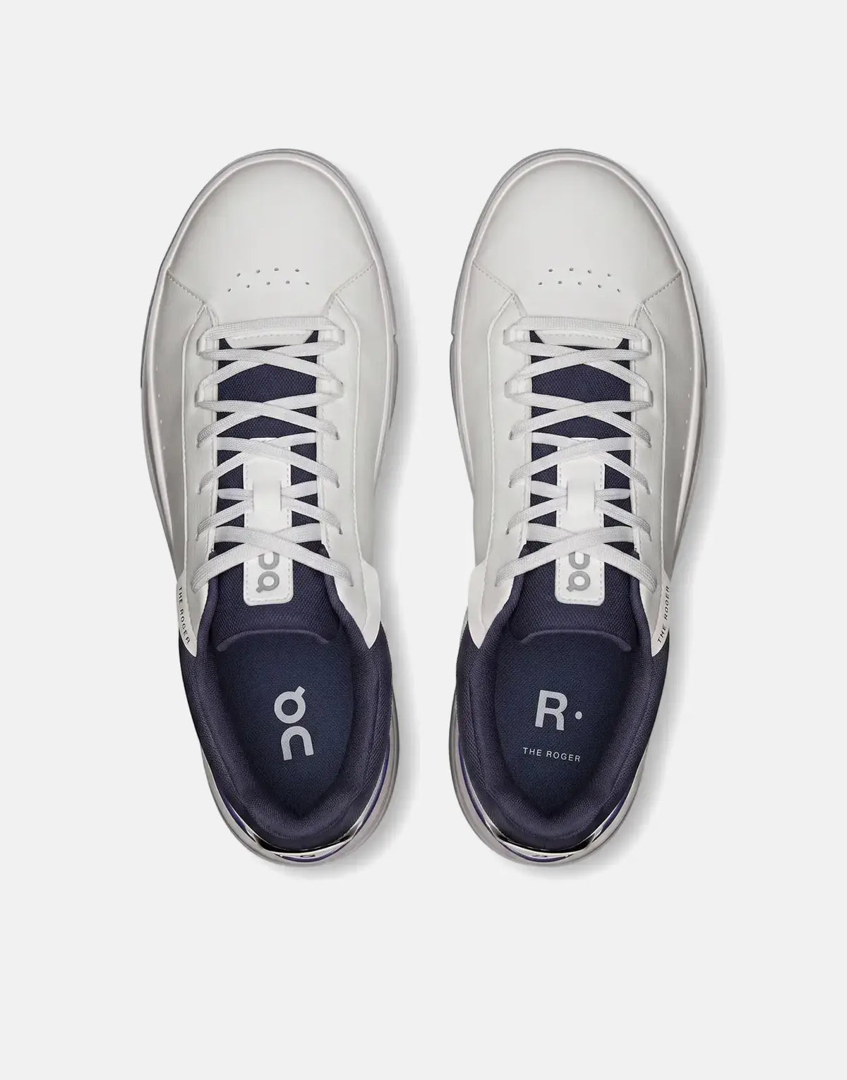 On Men's The Roger Advantage sneakers in white and midnight blue, shown from a top-down view on a white background.