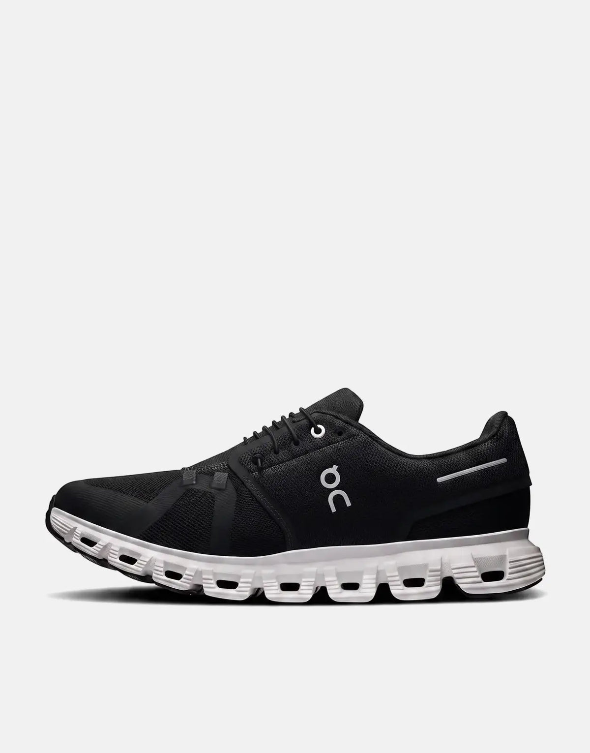 On Men's Cloud 6 running sneaker in black and white, featuring a mesh upper and a distinctive CloudTec sole, viewed from the