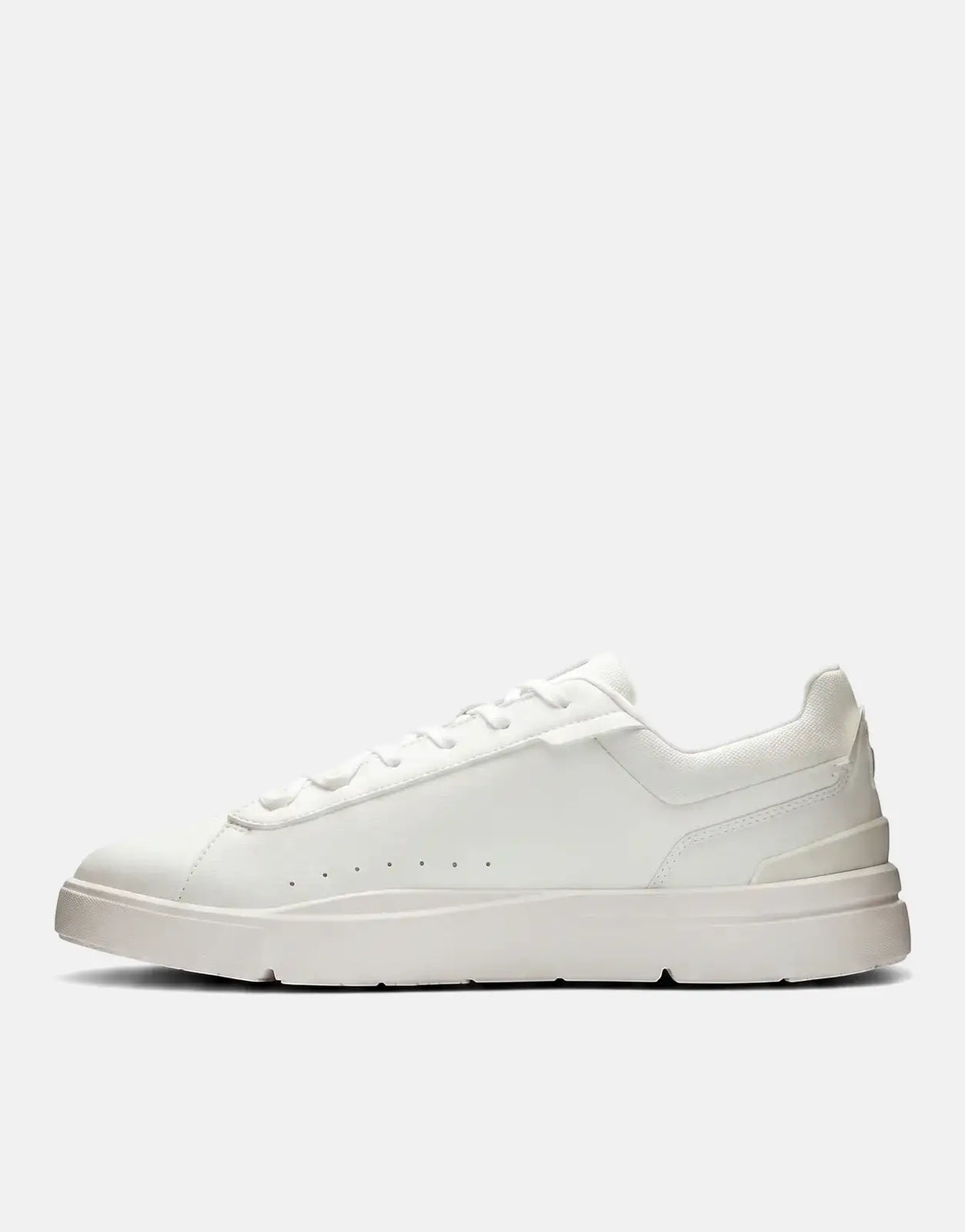 On Men's Roger Advantage White Sneaker, presented in a clean side profile, showcasing its classic tennis-inspired design.