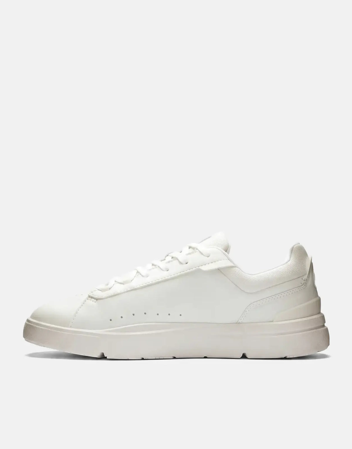 On Women's Roger Advantage White Sneaker in a side view, featuring clean lines, white laces, and a durable sole for everyday