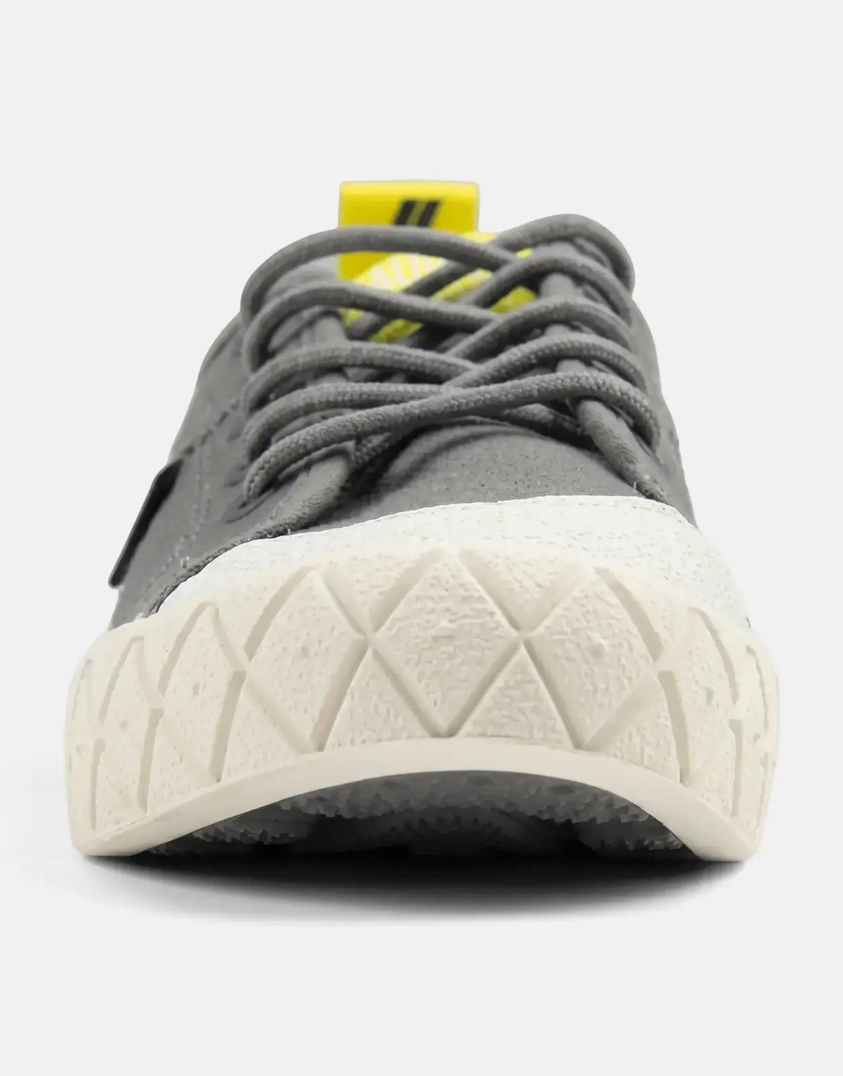Close-up front view of a single Palladium Ace Lo Grey Supply Kids Sneaker with grey laces and a cream textured toe cap.