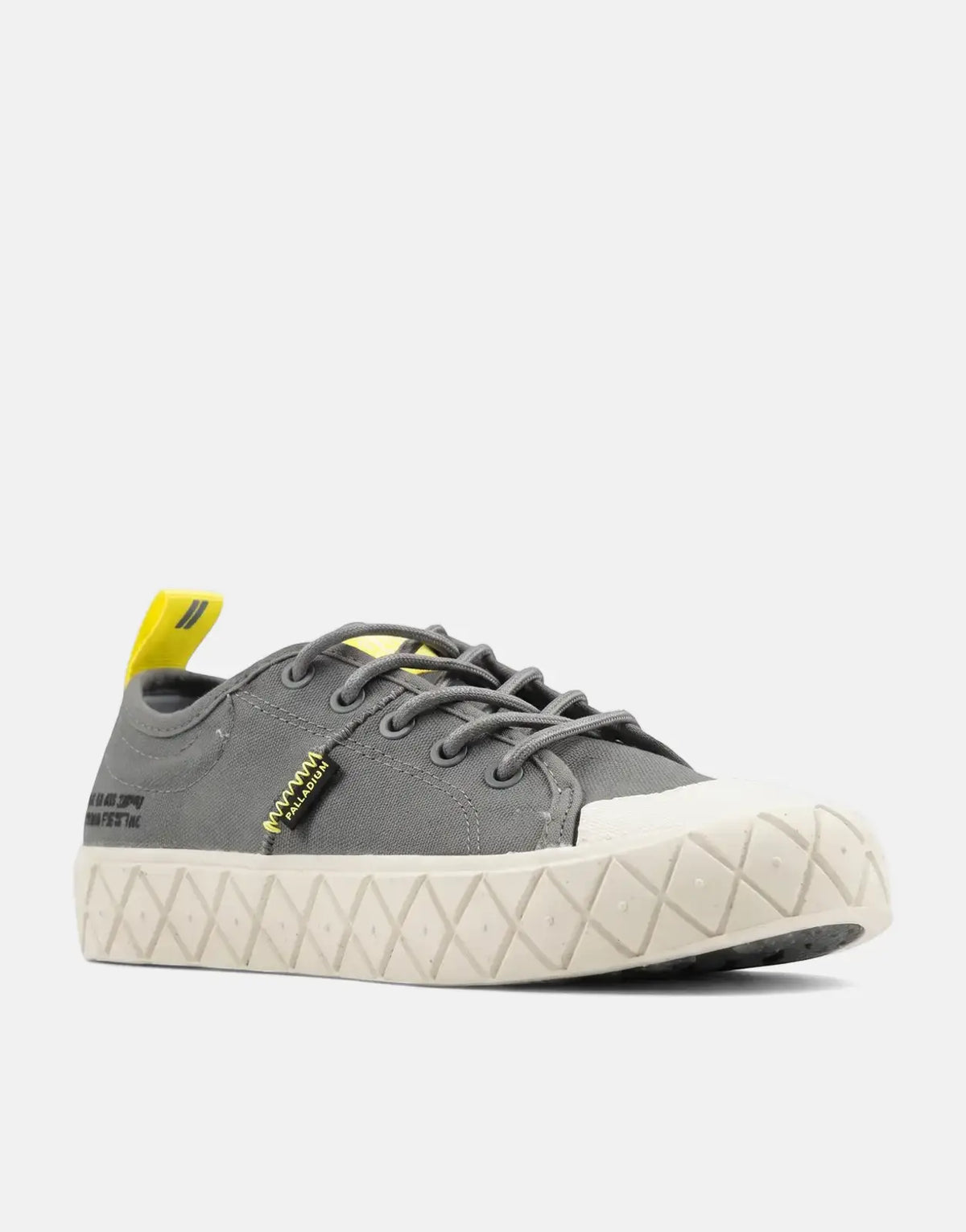 Palladium Ace Lo Grey Supply Kids Sneakers, a low-top grey canvas shoe with a textured off-white sole, grey laces, and