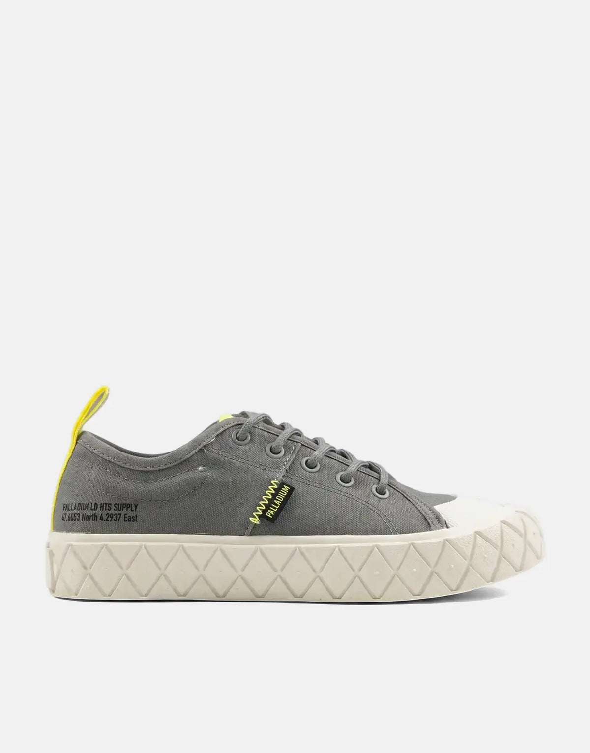 Grey Palladium Ace Lo Supply kids sneakers, low-top canvas with a distinctive cream diamond-patterned sole and yellow
