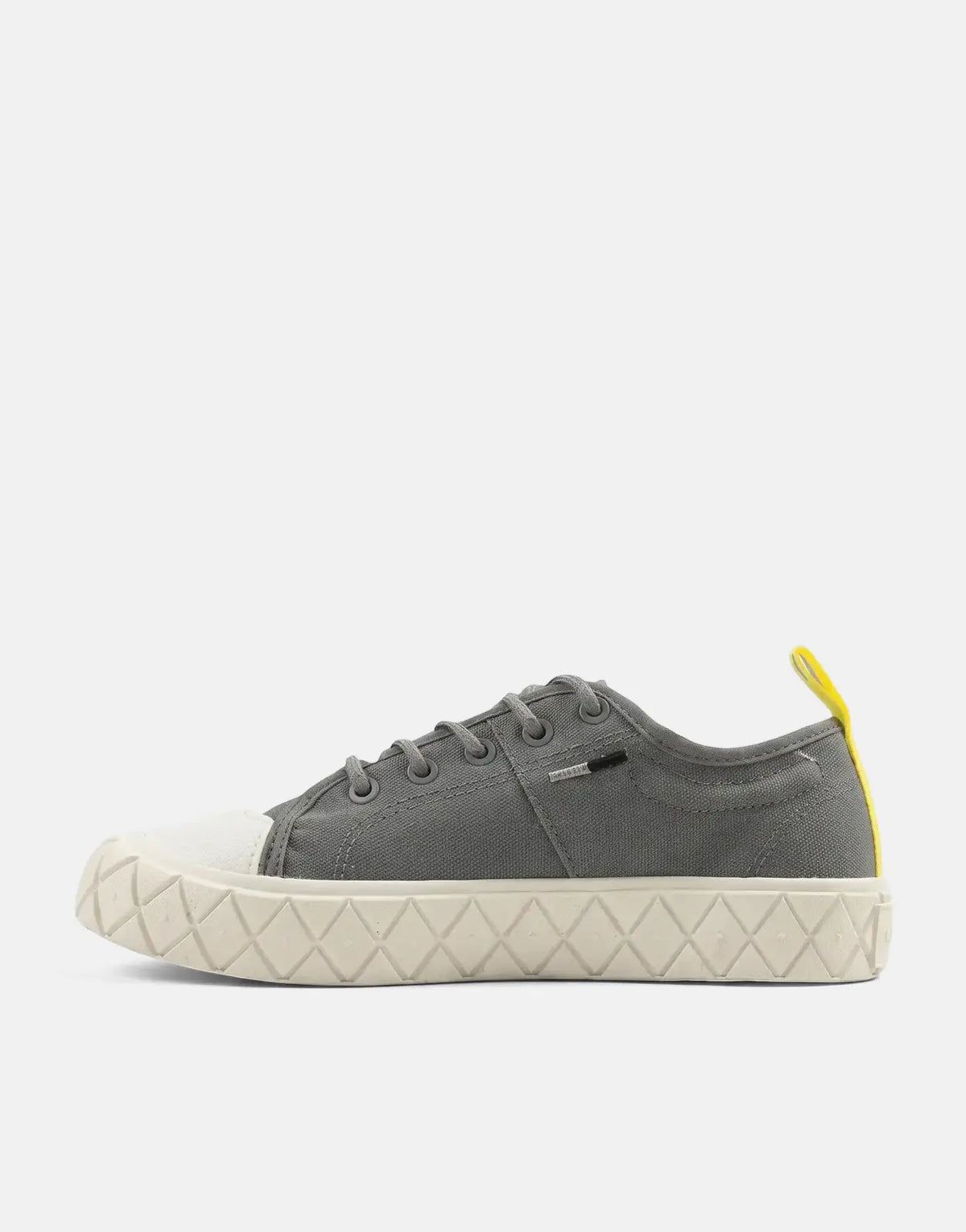 Palladium Ace Lo Grey Supply Kids Sneakers, featuring a grey canvas upper, white toe cap, and textured beige sole with a