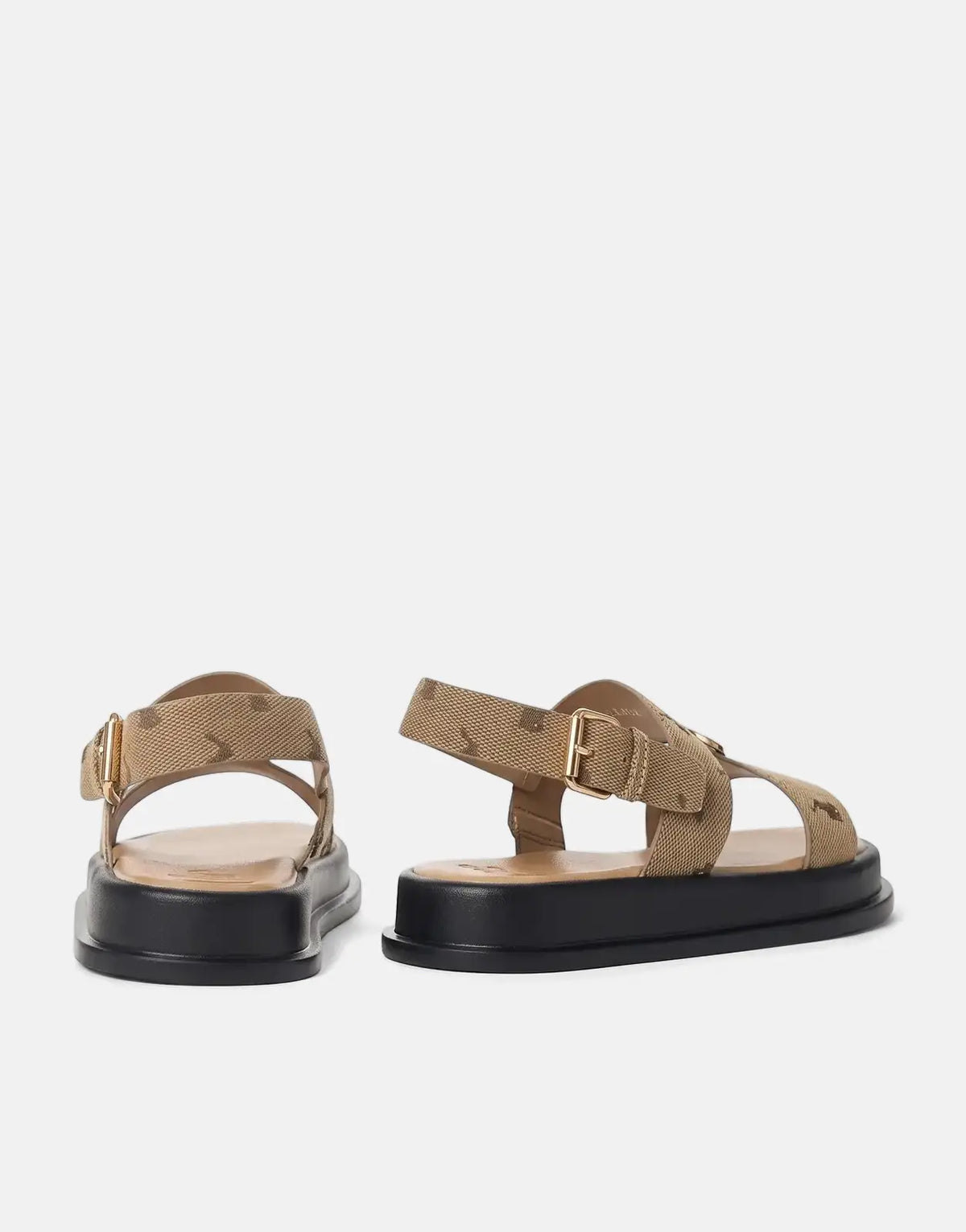 Polo Kids Moulded Stone Trim Sandals in beige textile with gold buckles and black soles, shown from a side perspective.