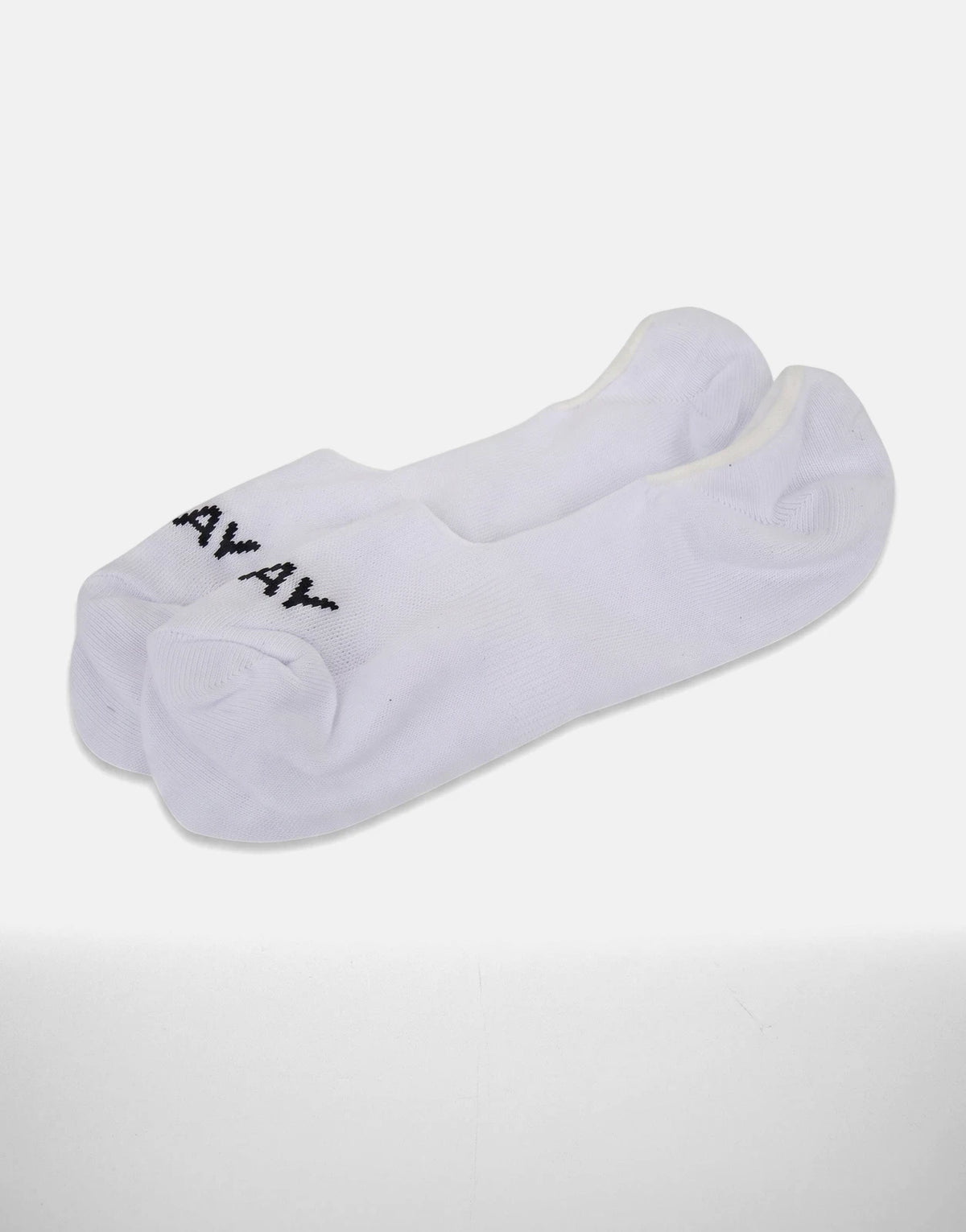 A pair of white Replay no-show socks with black 'AV AY' branding, made from soft knit fabric, lying flat on a light surface.