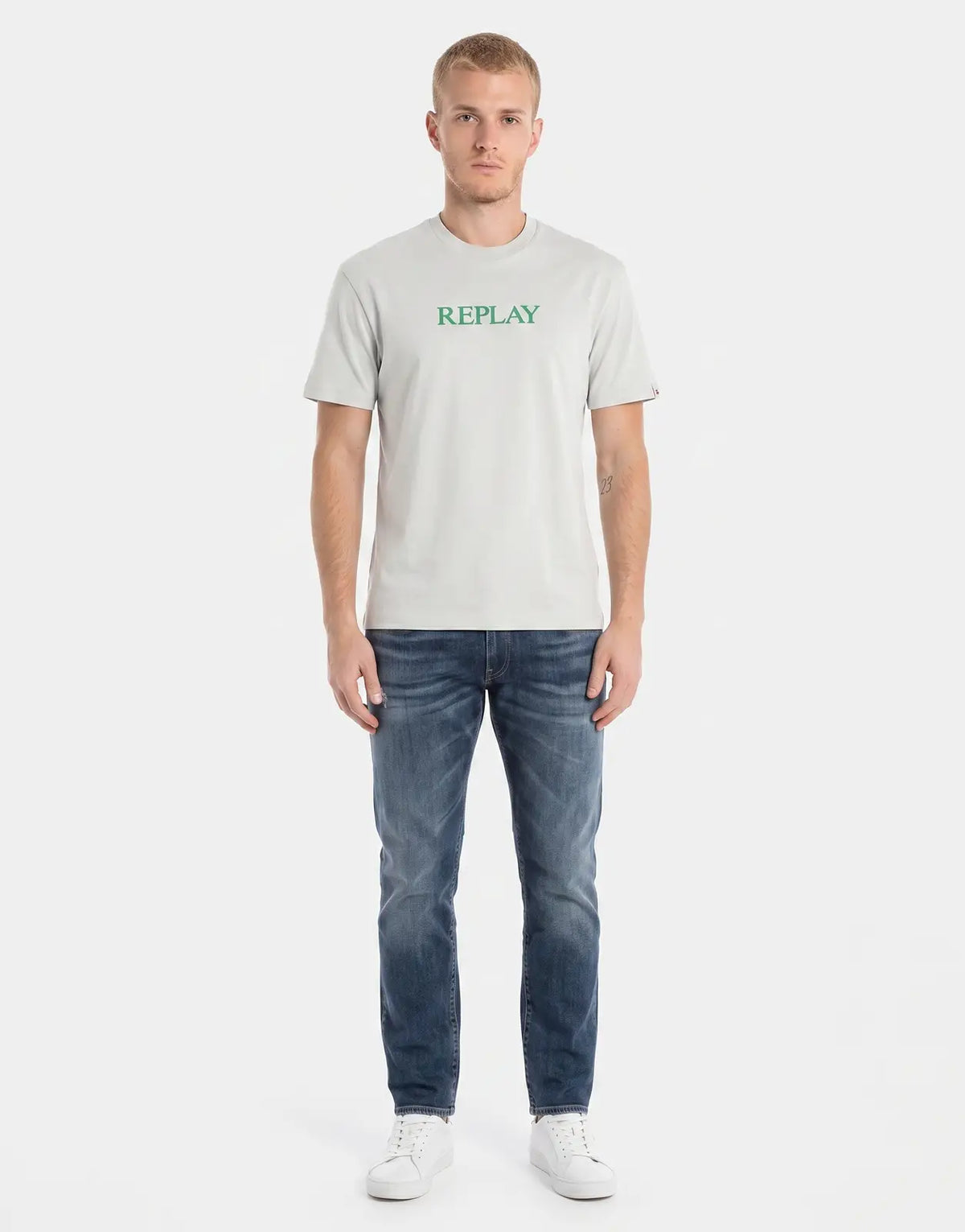 Men's Replay short sleeve light grey t-shirt with green 'REPLAY' font on the chest.