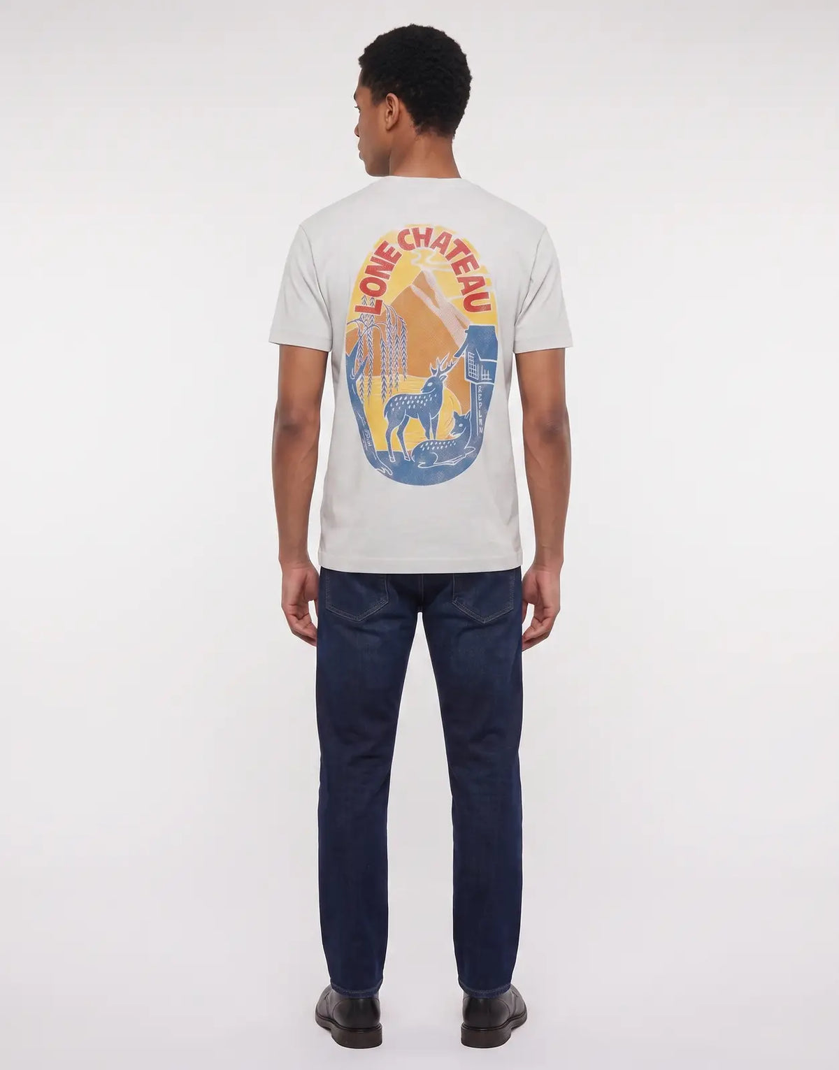 Replay Lonechateau Print Ice T-Shirt for men, featuring a colorful 'Lone Chateau' graphic print on the back.