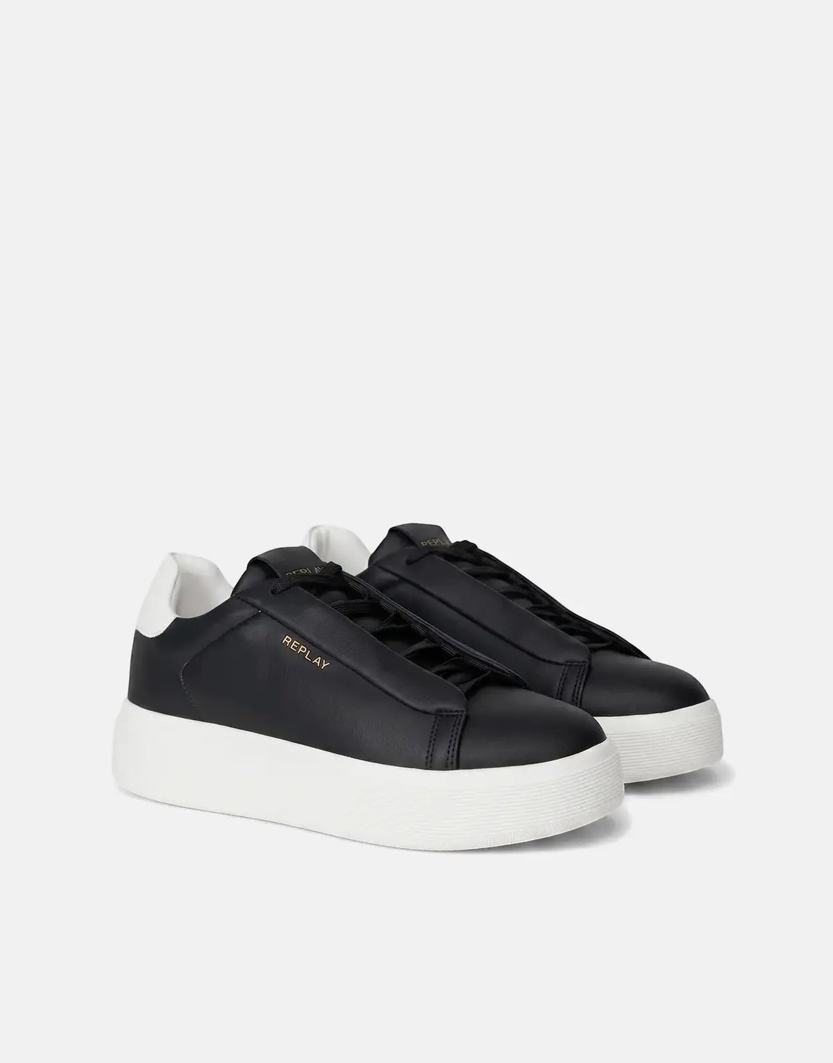 Pair of black Replay Notting leather sneakers with thick white soles, viewed at an angle on a clean background.