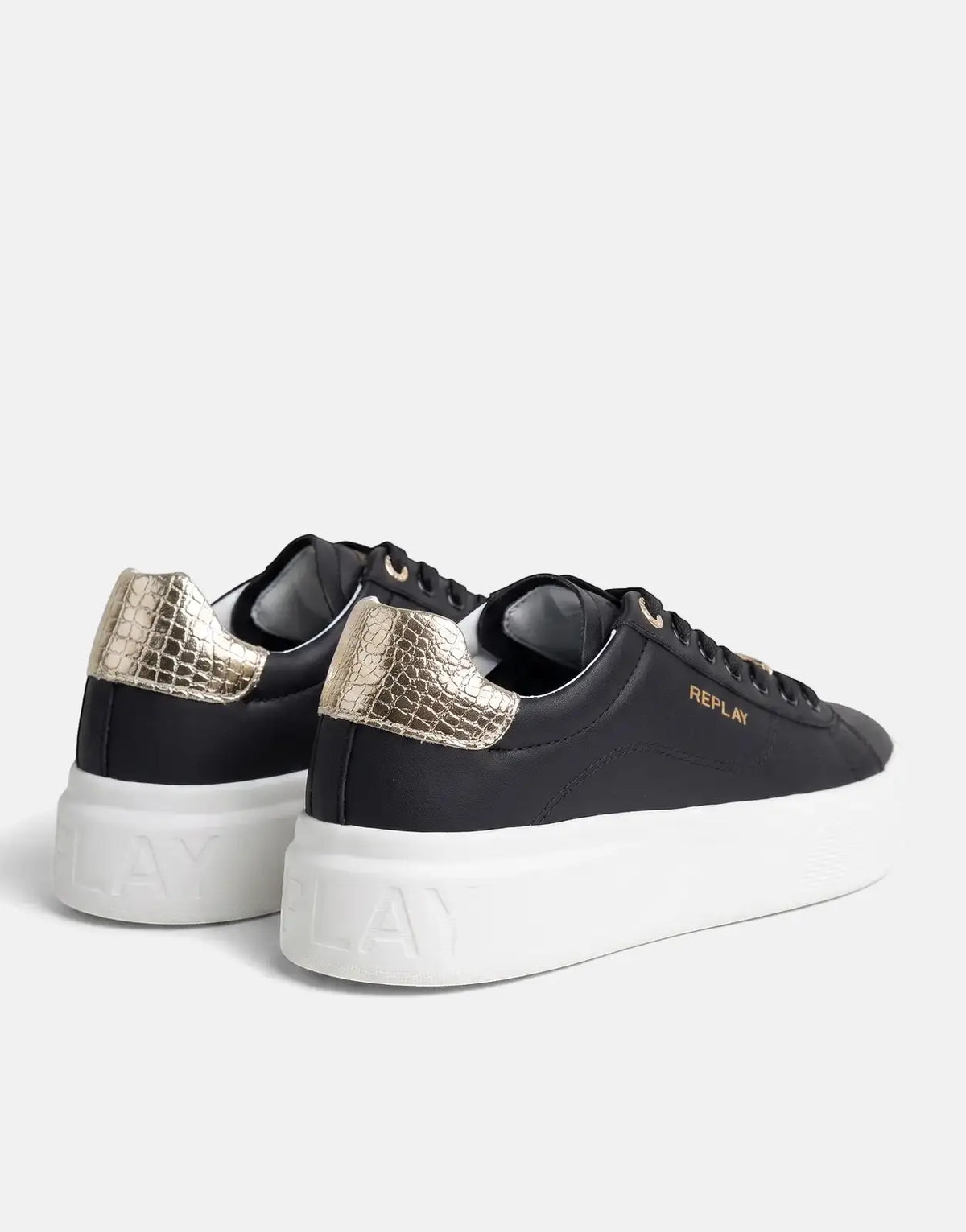 Rear-side view of Replay Notting W Image Black Sneakers featuring gold crocodile-embossed heel tabs and white platform soles.