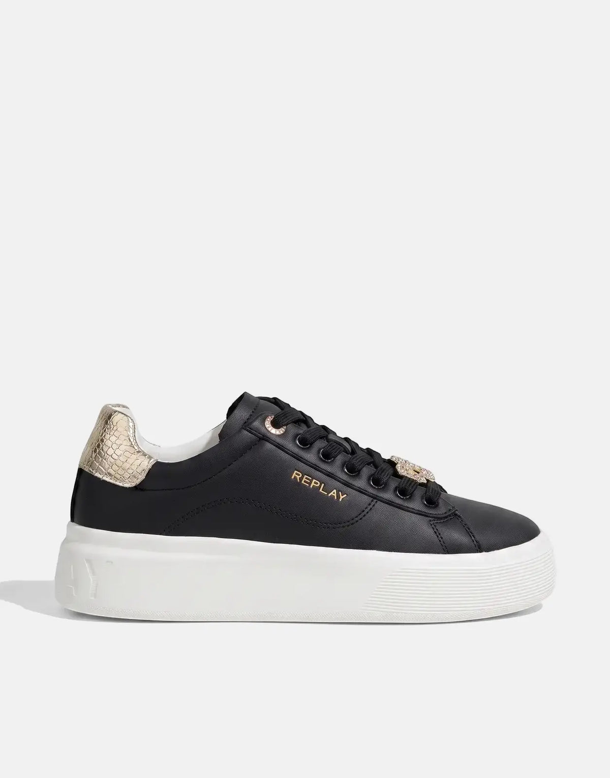 Replay Notting W Image black women's sneakers with gold accents, black laces, and a white platform sole, shown from a side