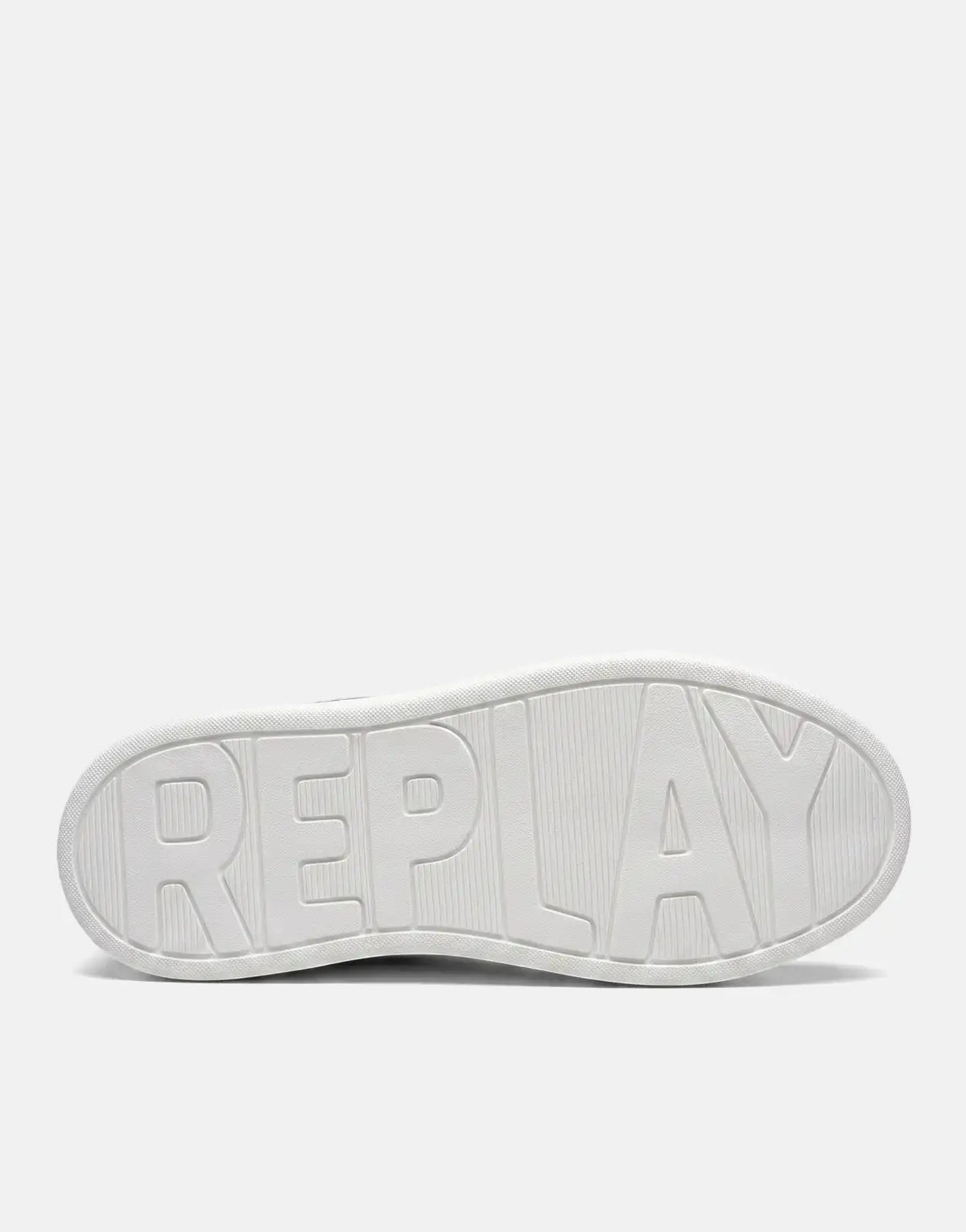 Underside view of a Replay Notting W Image sneaker sole, showcasing the white rubber outsole with the embossed 'REPLAY' logo.