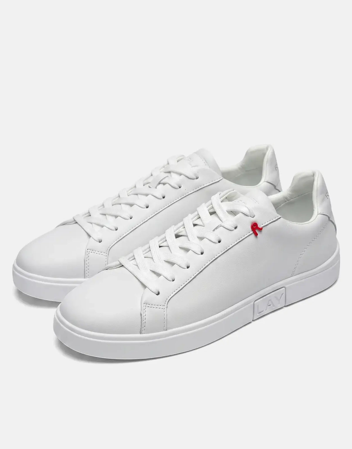 Replay Poly R SA White Sneakers, a pair of leather low-top shoes with white laces and a subtle red R logo.