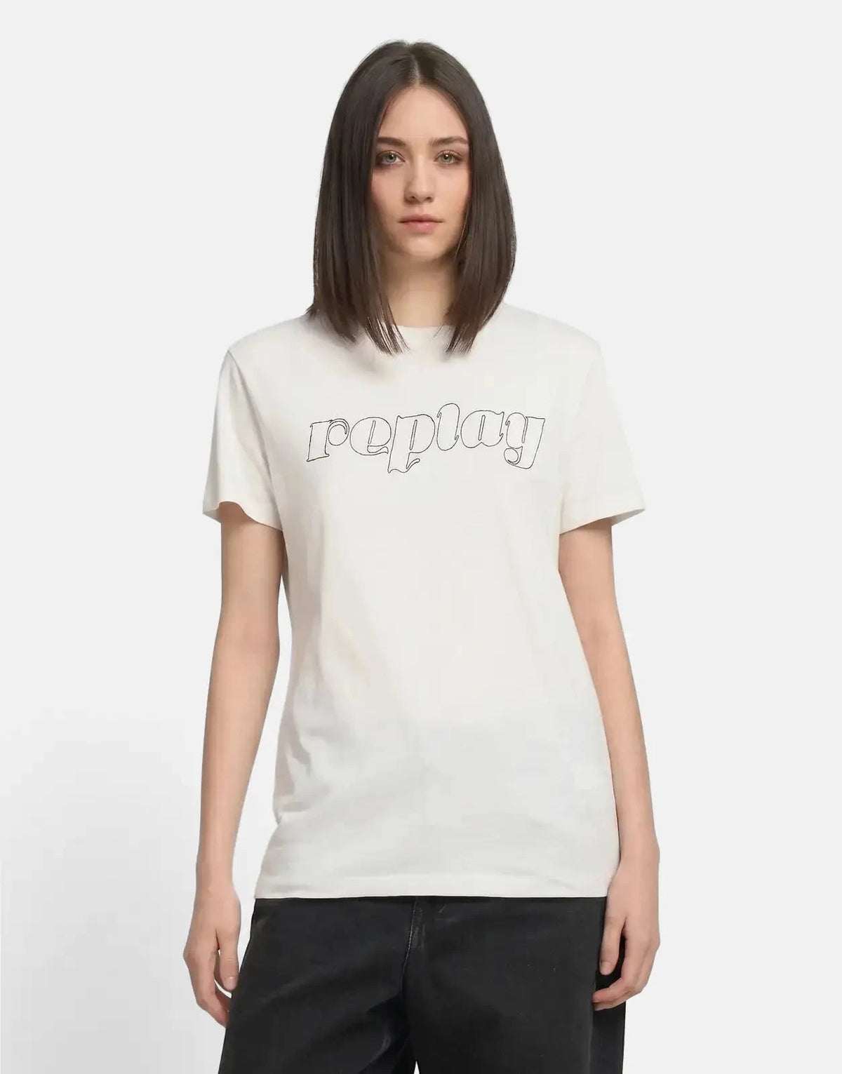Replay Stitched Logo Font Natural White T-Shirt - Subwear
