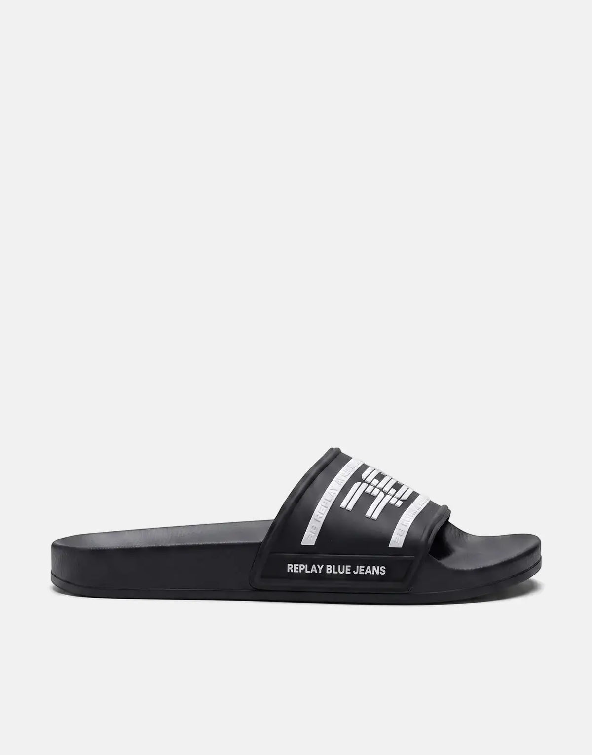 Replay Up Graven men's black and white slides, featuring a wide strap with prominent white Replay Blue Jeans branding,