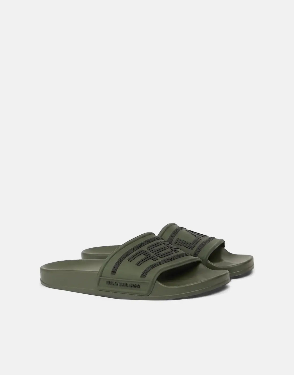 Replay Up Graven Mil Slides in olive green and black, featuring embossed branding. Casual rubber footwear.