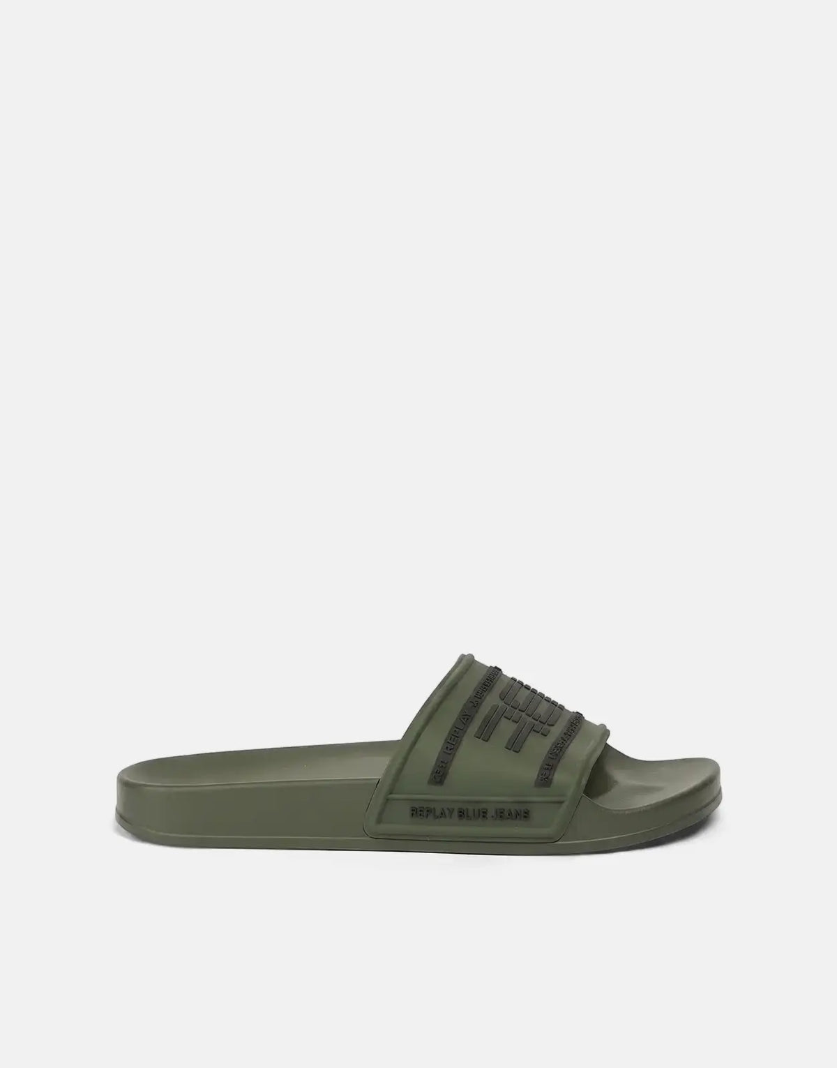 Replay Up Graven Mil Green/Black Slides, featuring olive green rubber and black embossed branding, shown from a side view.