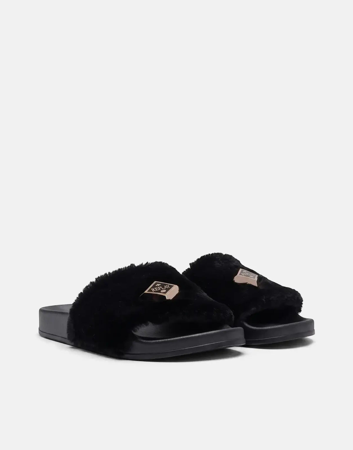 Replay Up W Along black slides with plush faux-fur straps and a durable rubber sole for comfort