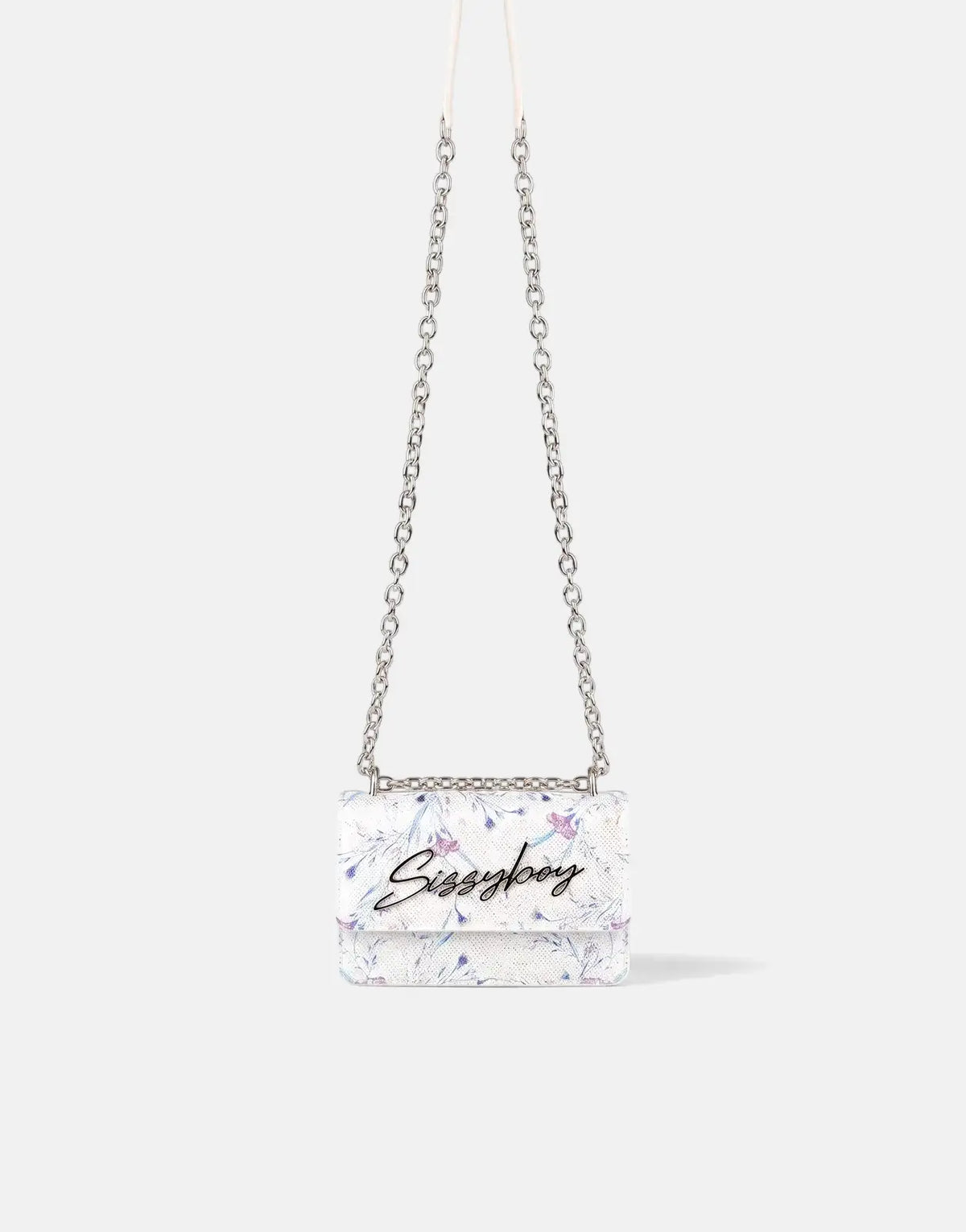 Sissy Boy Fency Florals Blue Multi Crossbody Bag with silver chain strap and white loop handle, hanging centrally against a