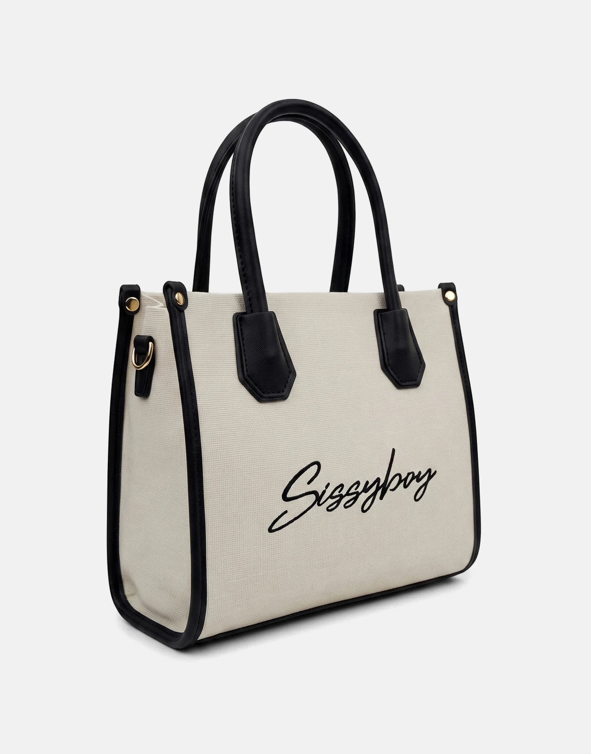 Sissy Boy Willow Black Mini Tote Bag in cream canvas with black trim, featuring top handles and a script logo on the front.